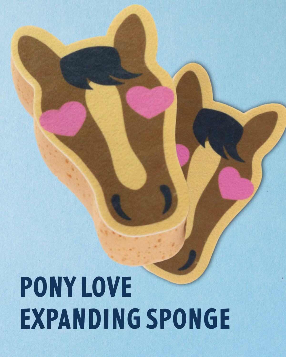 Pony Love expanding horse bath sponge shown printed side up and edge on, by Dreamers & Schemers