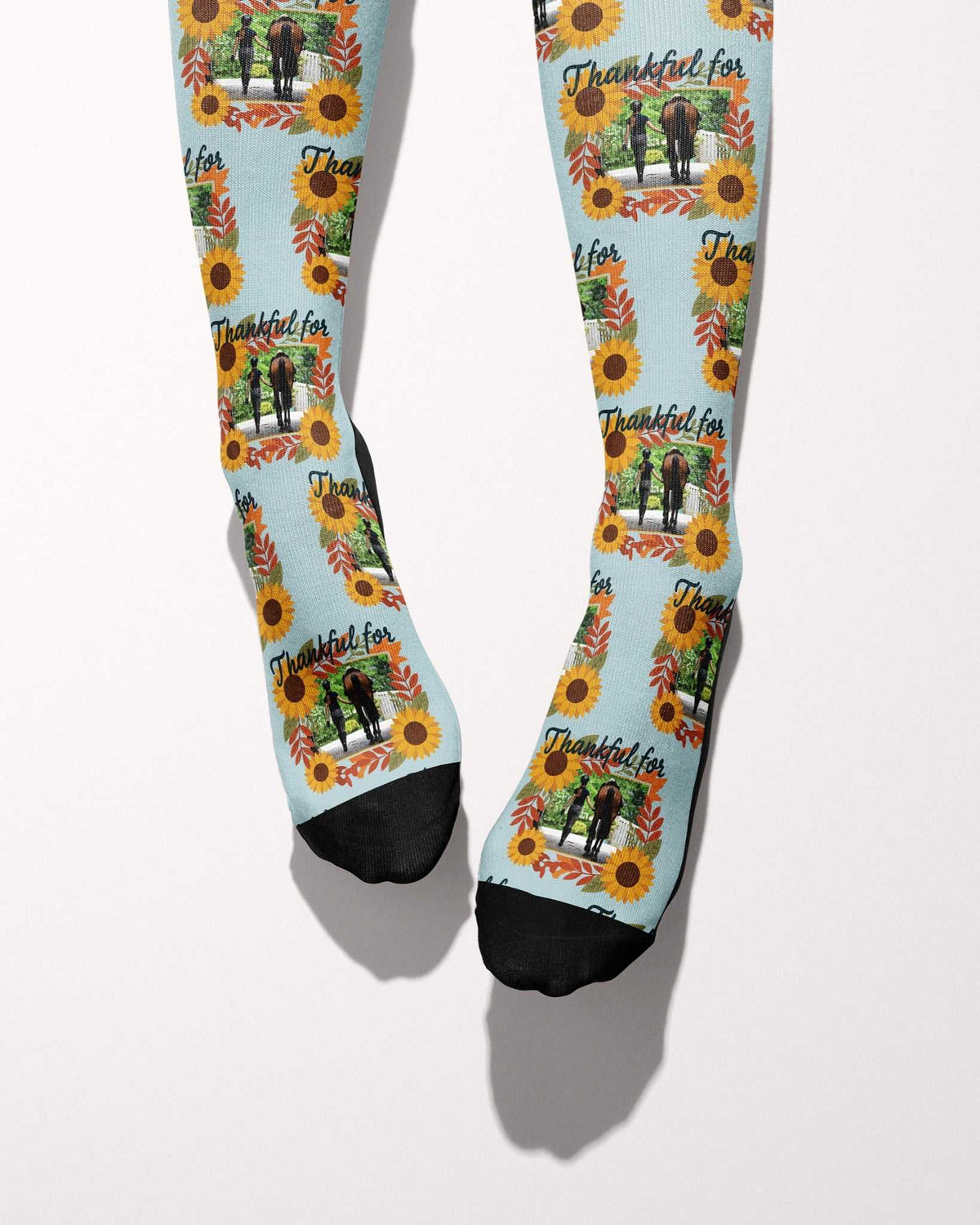 Thankful For custom photo equestrian boot socks, worn, showing the full-length pattern, by Dreamers & Schemers