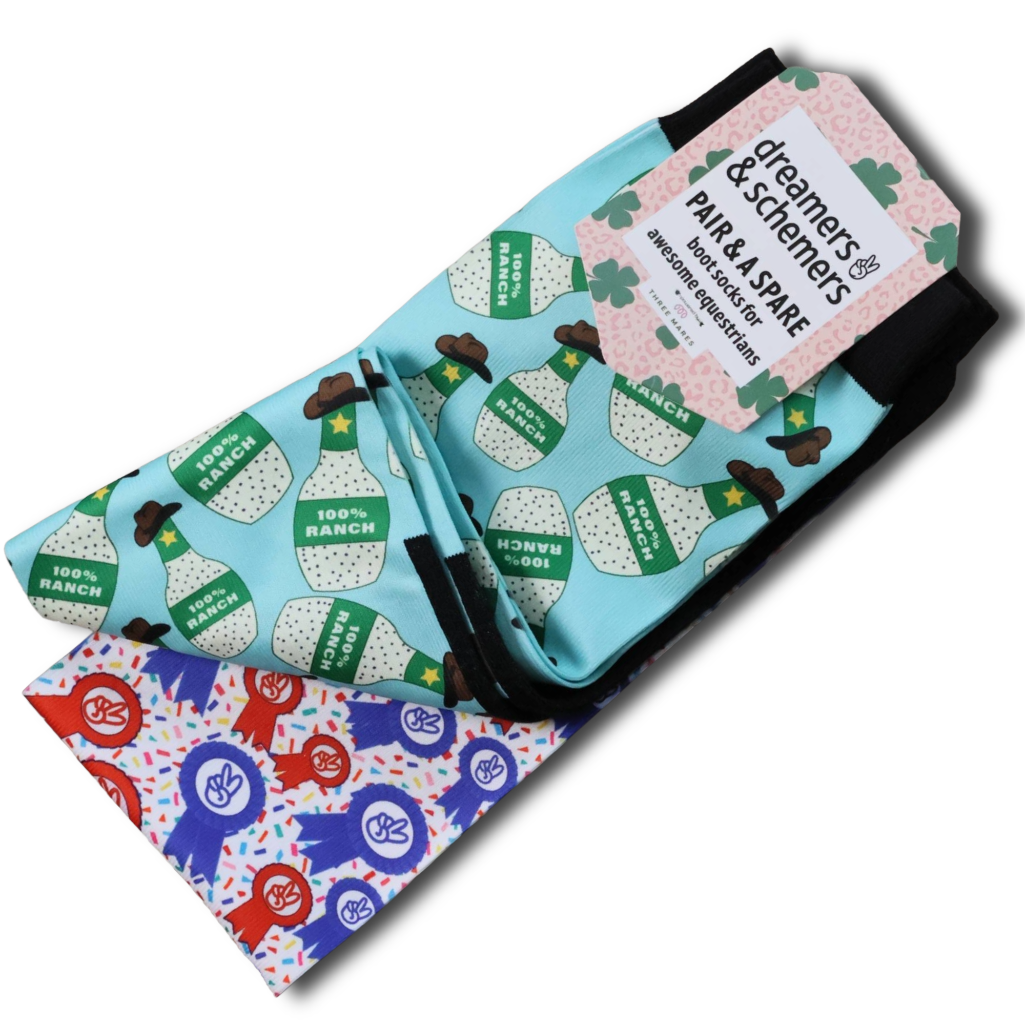 100% Ranch Pair & A Spare Socks wholesale pack with three individually barcoded pairs, black top boot socks with flat-seam toe and breathable knit