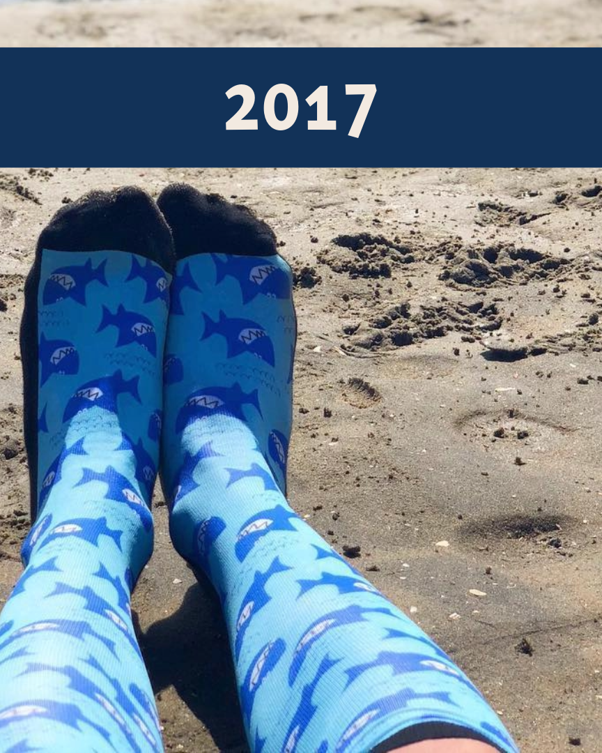 Limited edition Bruce 2017 boot socks with friendly shark grin design, soft stretchy fabric, made in USA