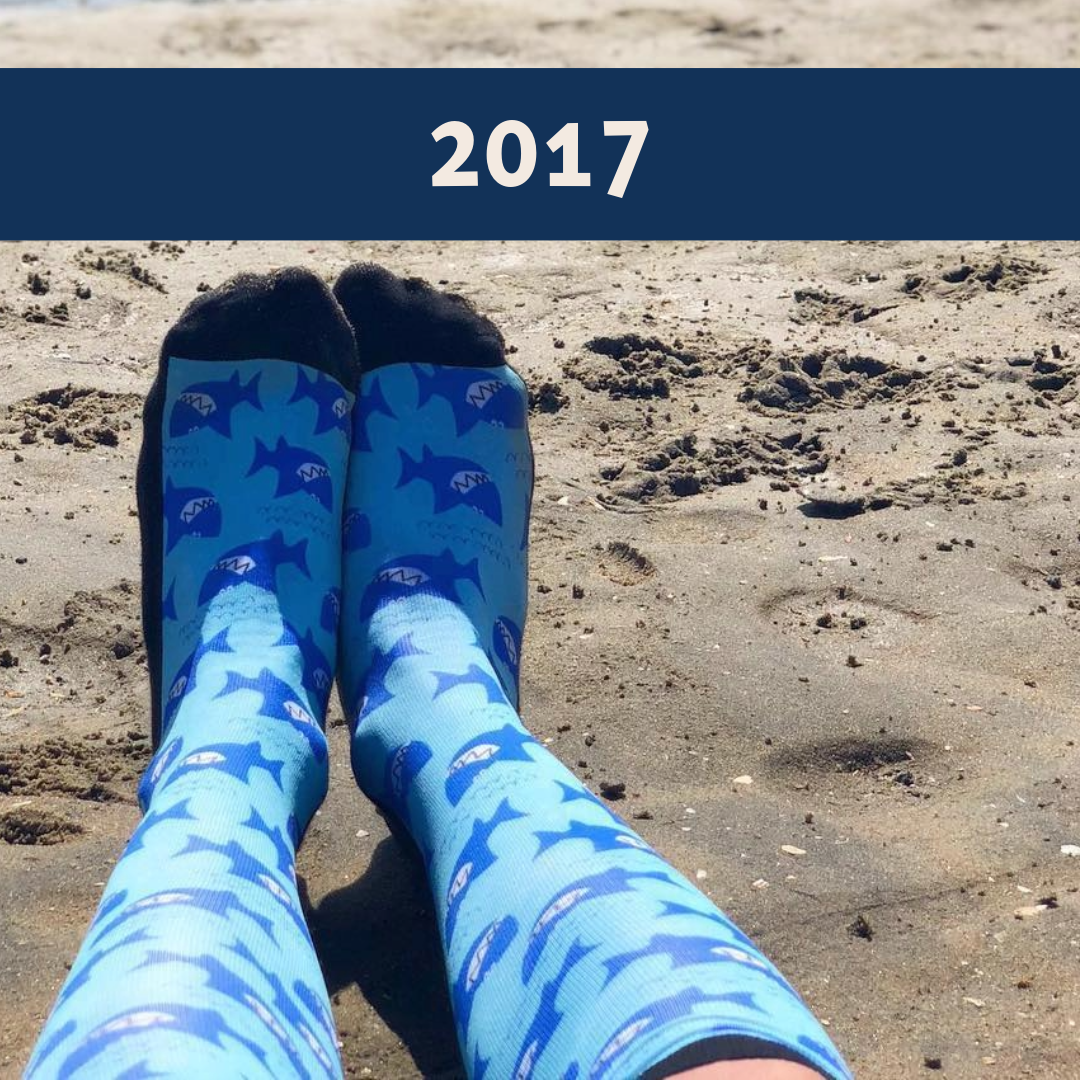 Limited edition Bruce 2017 boot socks with friendly shark grin design, soft stretchy fabric, made in USA