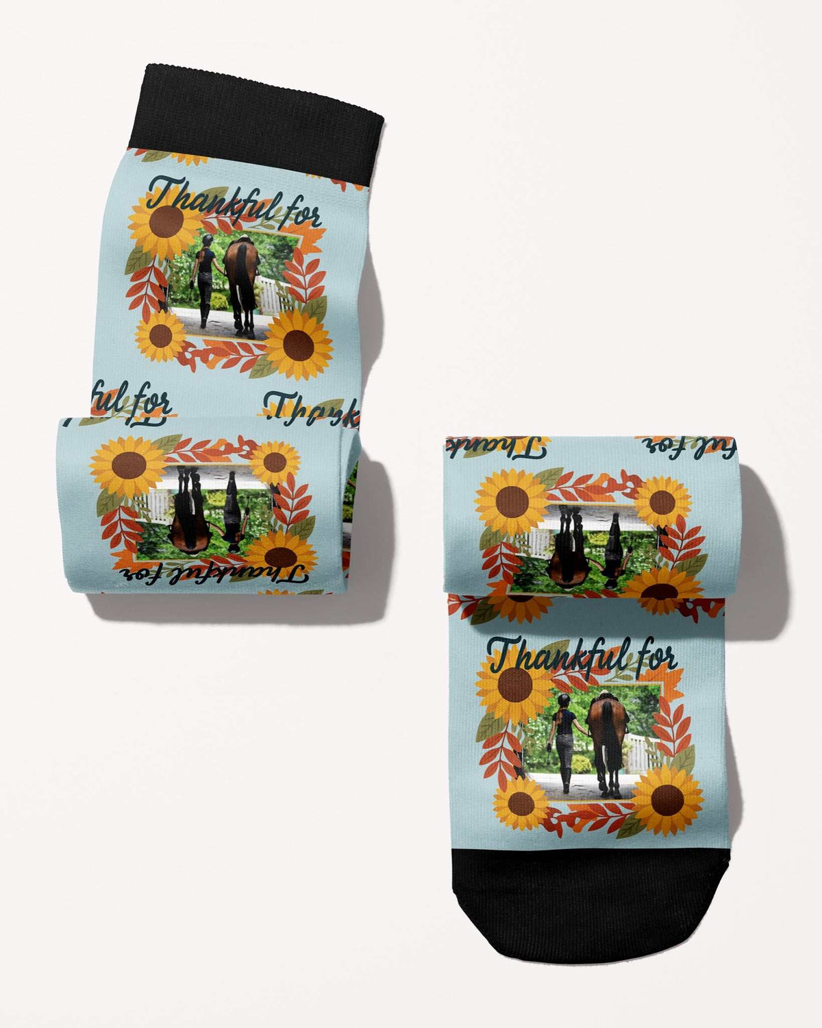 Thankful For custom photo equestrian boot socks, rolled, showing the pattern repeat, by Dreamers & Schemers