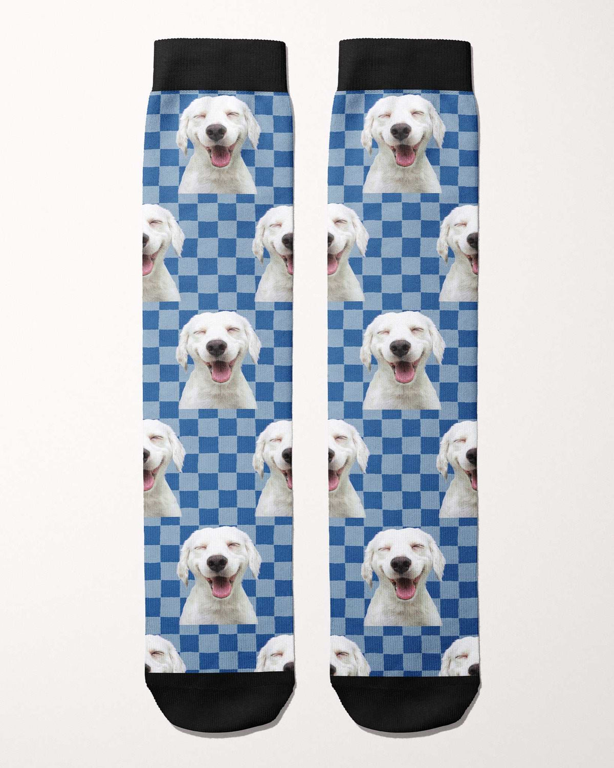 Checkered custom photo equestrian boot socks, flat lay of the pair, by Dreamers & Schemers