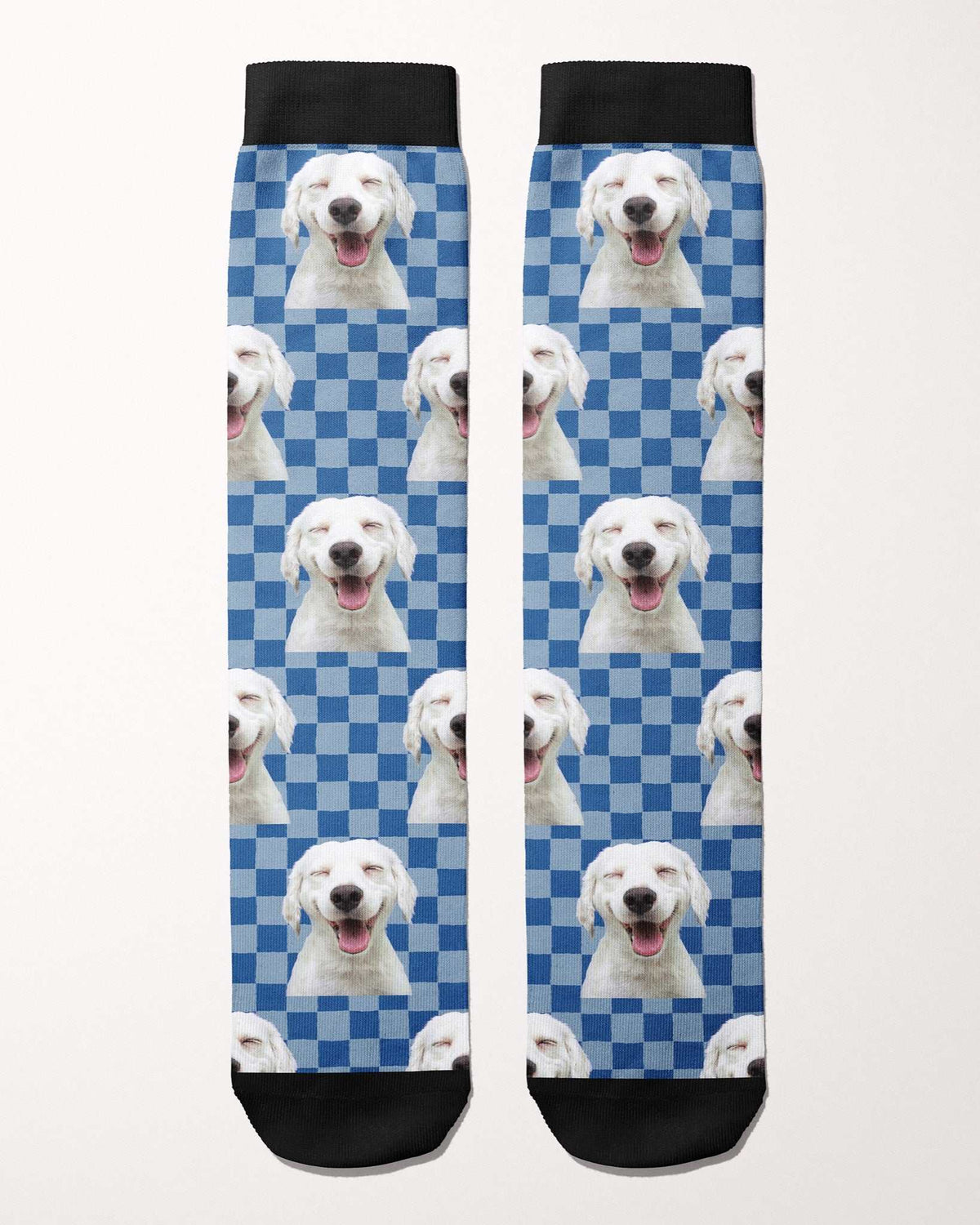 Checkered custom photo equestrian boot socks, flat lay of the pair, by Dreamers & Schemers