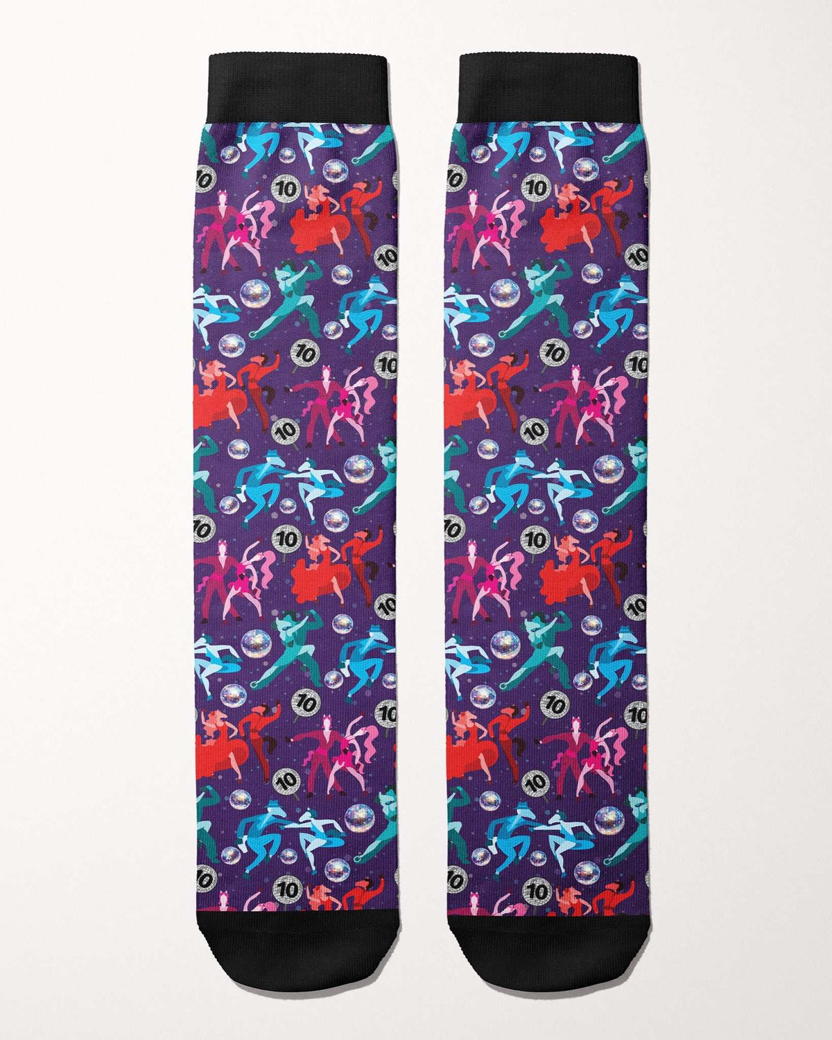 Prancing with the Stars Limited Edition boot socks, dancing couples and disco balls on deep purple, flat lay of the pair, by Dreamers & Schemers