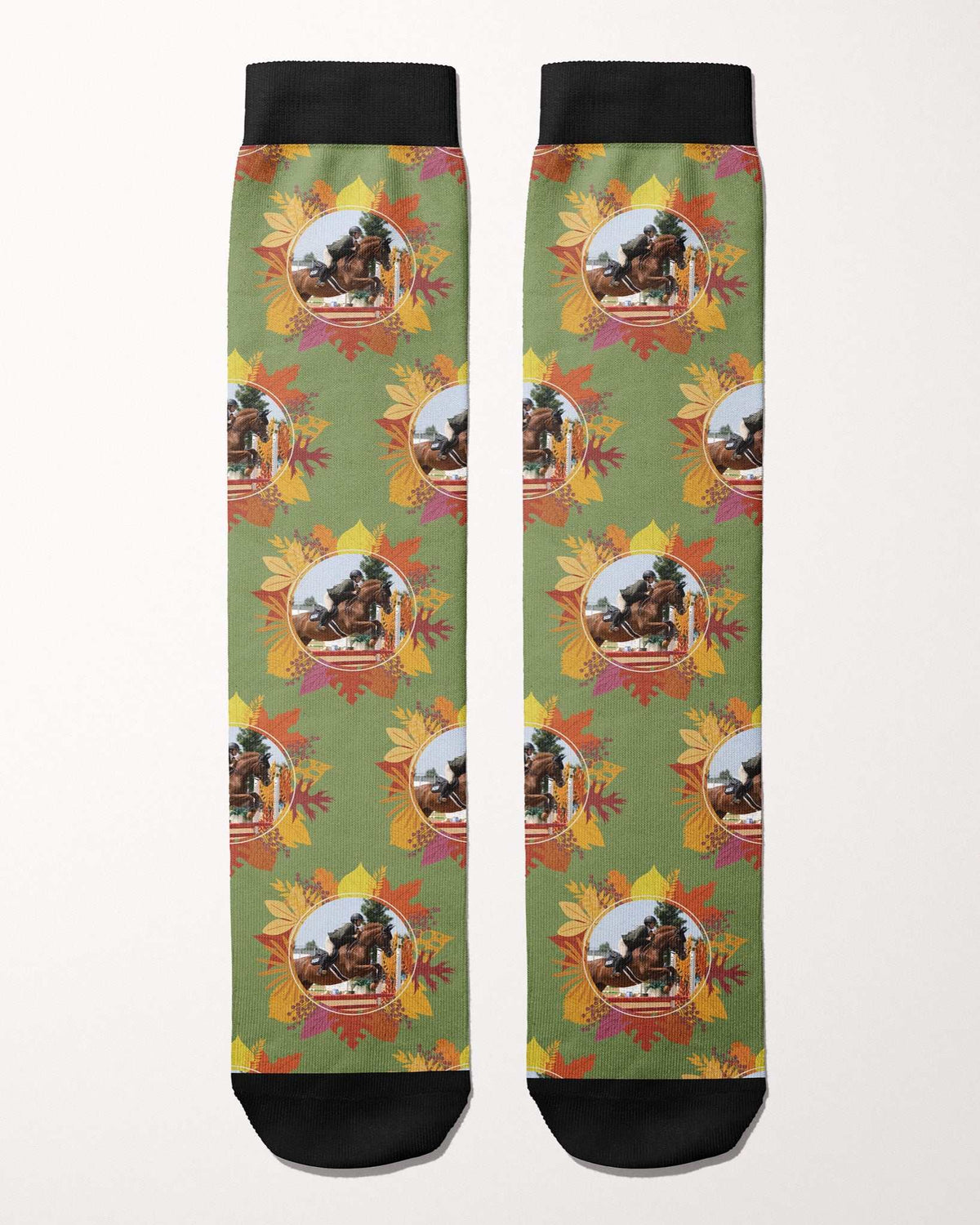 Autumn Leaves custom photo equestrian boot socks, flat lay of the pair, by Dreamers & Schemers