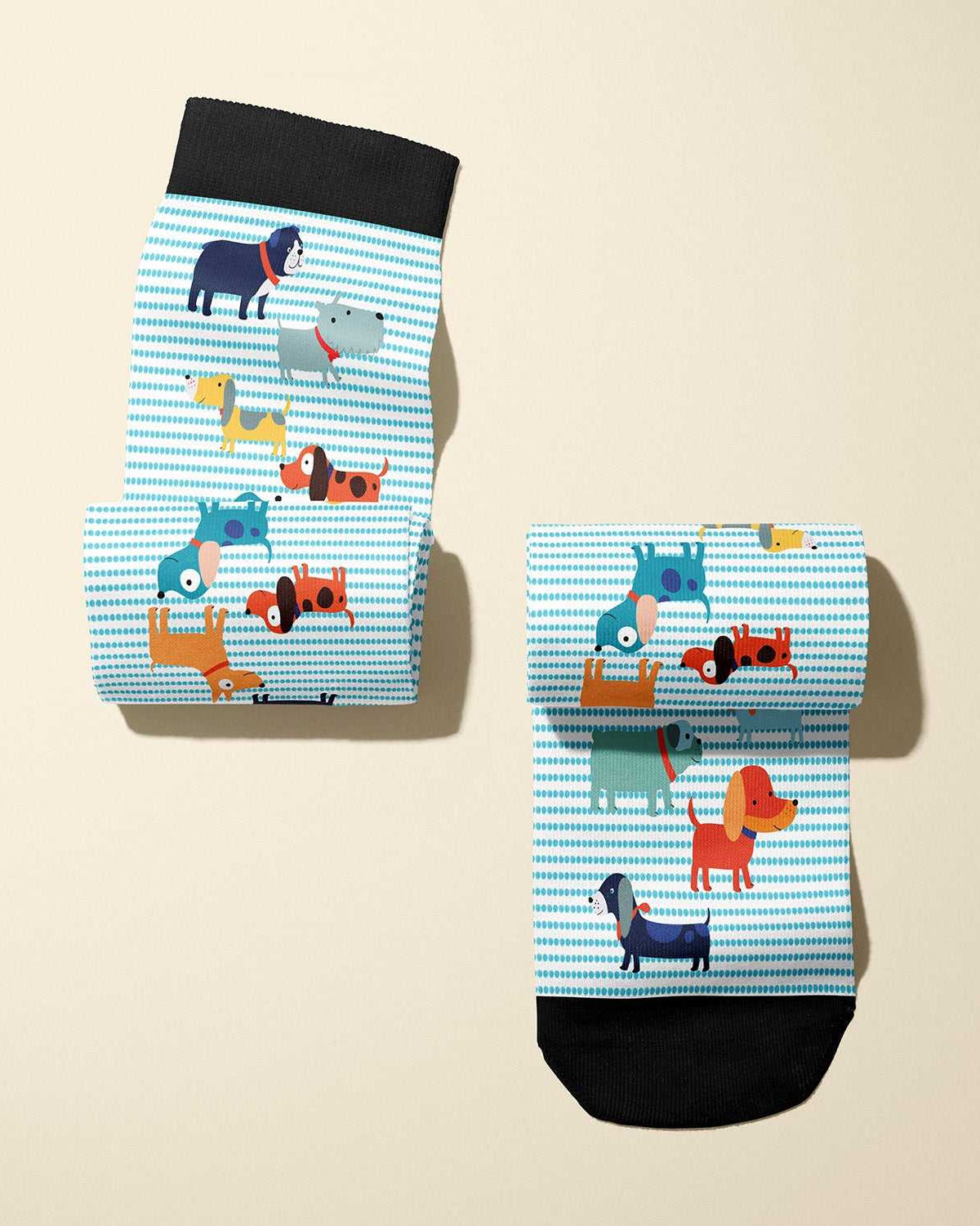 Limited edition 2016 Dog Park boot socks with playful dog design and black cuff