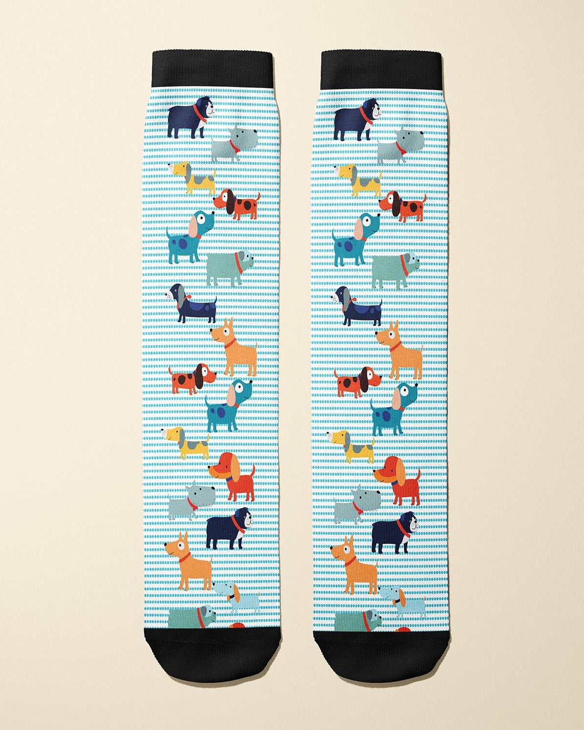 Limited edition 2016 Dog Park boot socks with playful dog design and black cuffs