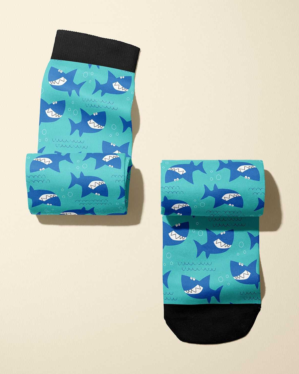 Limited edition Bruce 2017 boot socks with friendly shark grin design, soft and stretchy, made in the USA