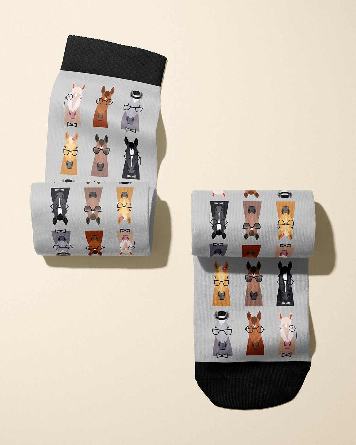 Limited edition SMRT Horse 2017 boot socks featuring glasses-wearing horse design, made in the USA