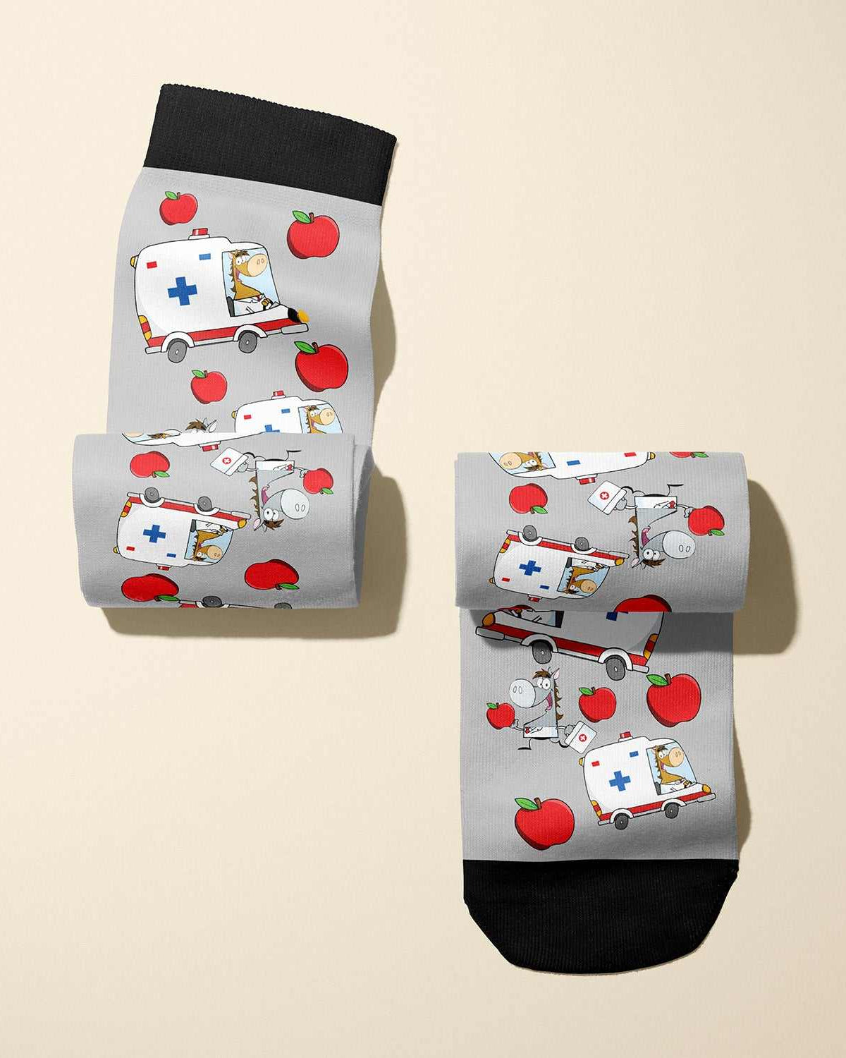 10th Anniversary Limited Edition apple-themed boot socks featuring horse ambulance design