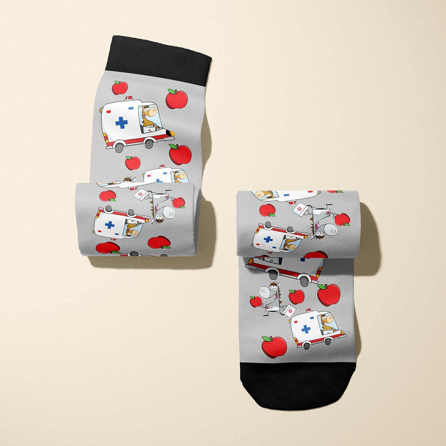 10th Anniversary Limited Edition apple-themed boot socks featuring horse ambulance design
