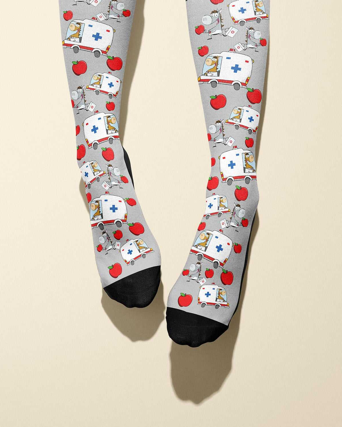 10th Anniversary Limited Edition apple-themed boot socks with horse ambulance design