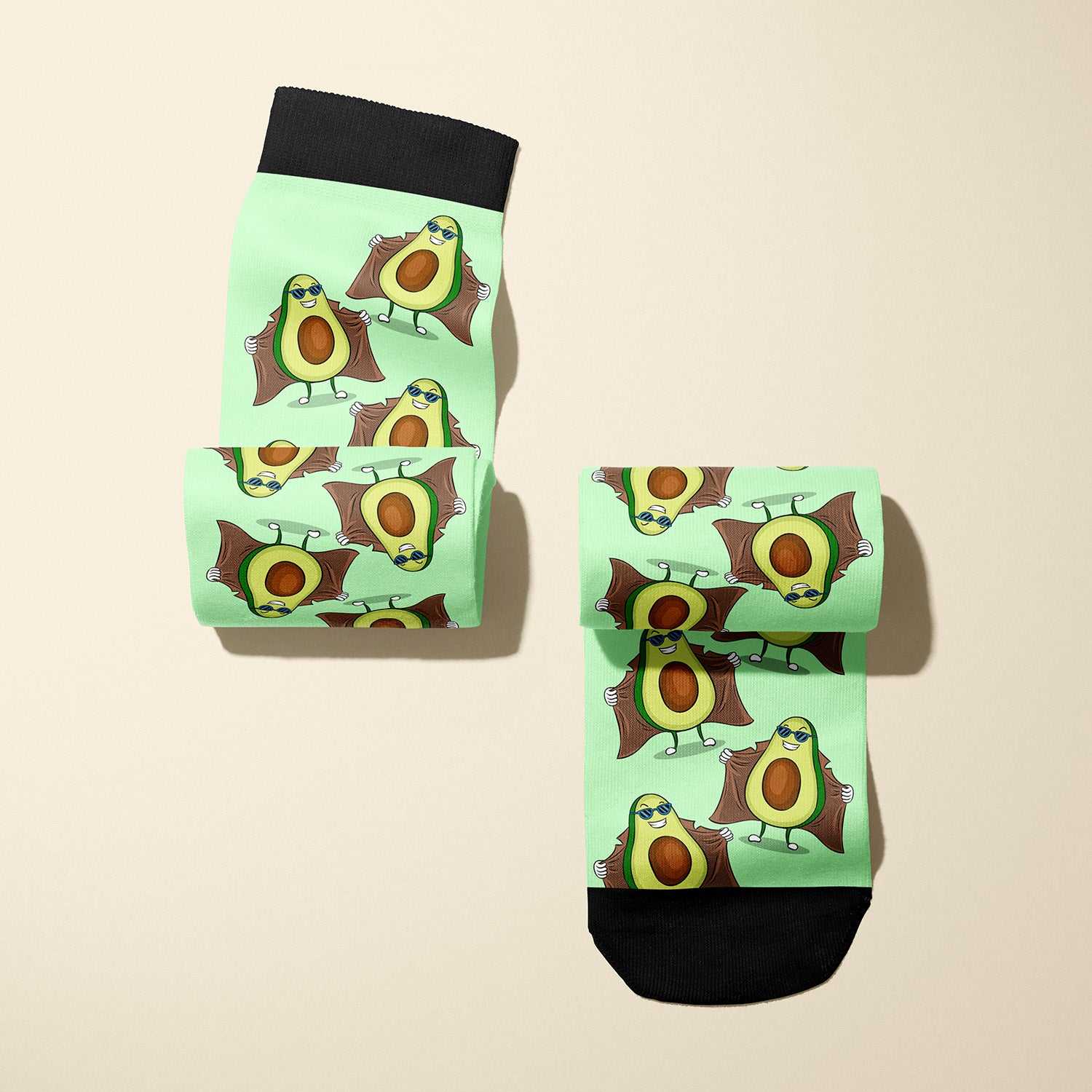 Limited edition Peep Show 2020 boot socks featuring an avocado in a trench coat design