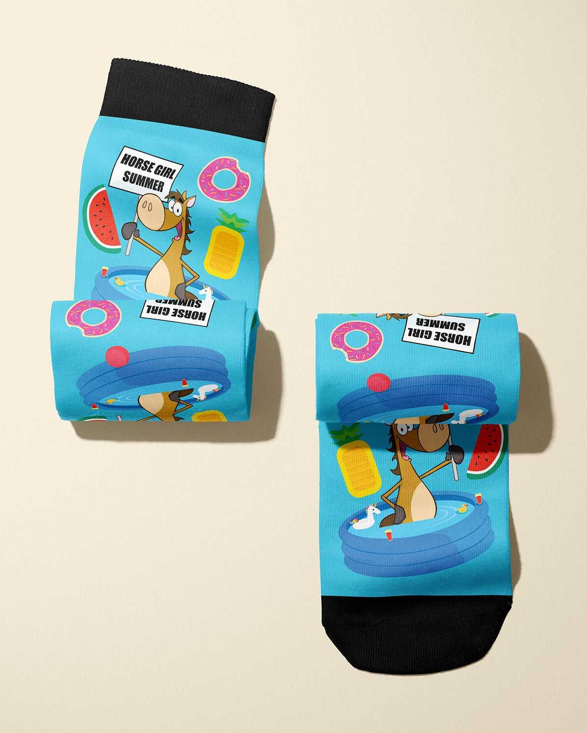Limited edition Horse Girl Summer 2022 boot socks with inflatable pool and equestrian summer vibes