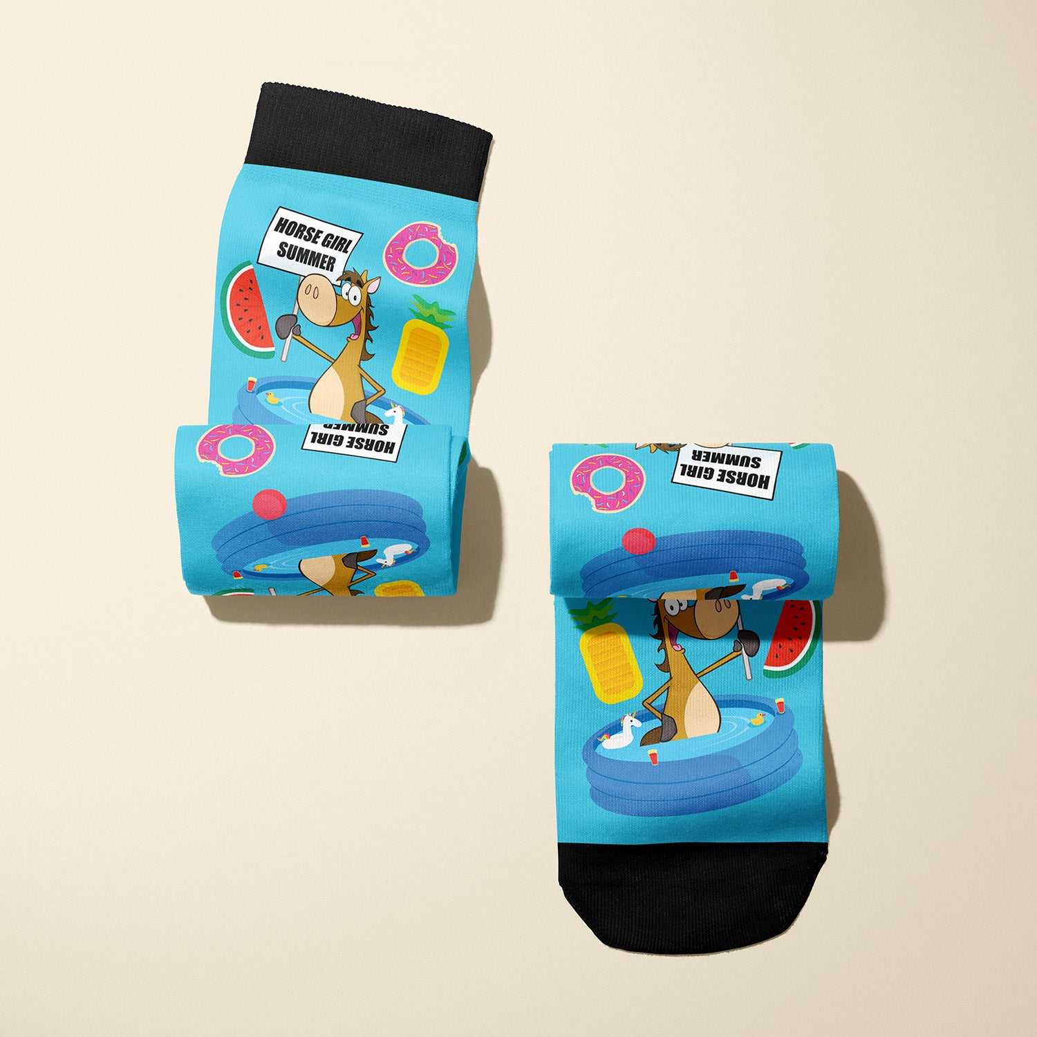 Limited edition Horse Girl Summer 2022 boot socks with inflatable pool and equestrian summer vibes