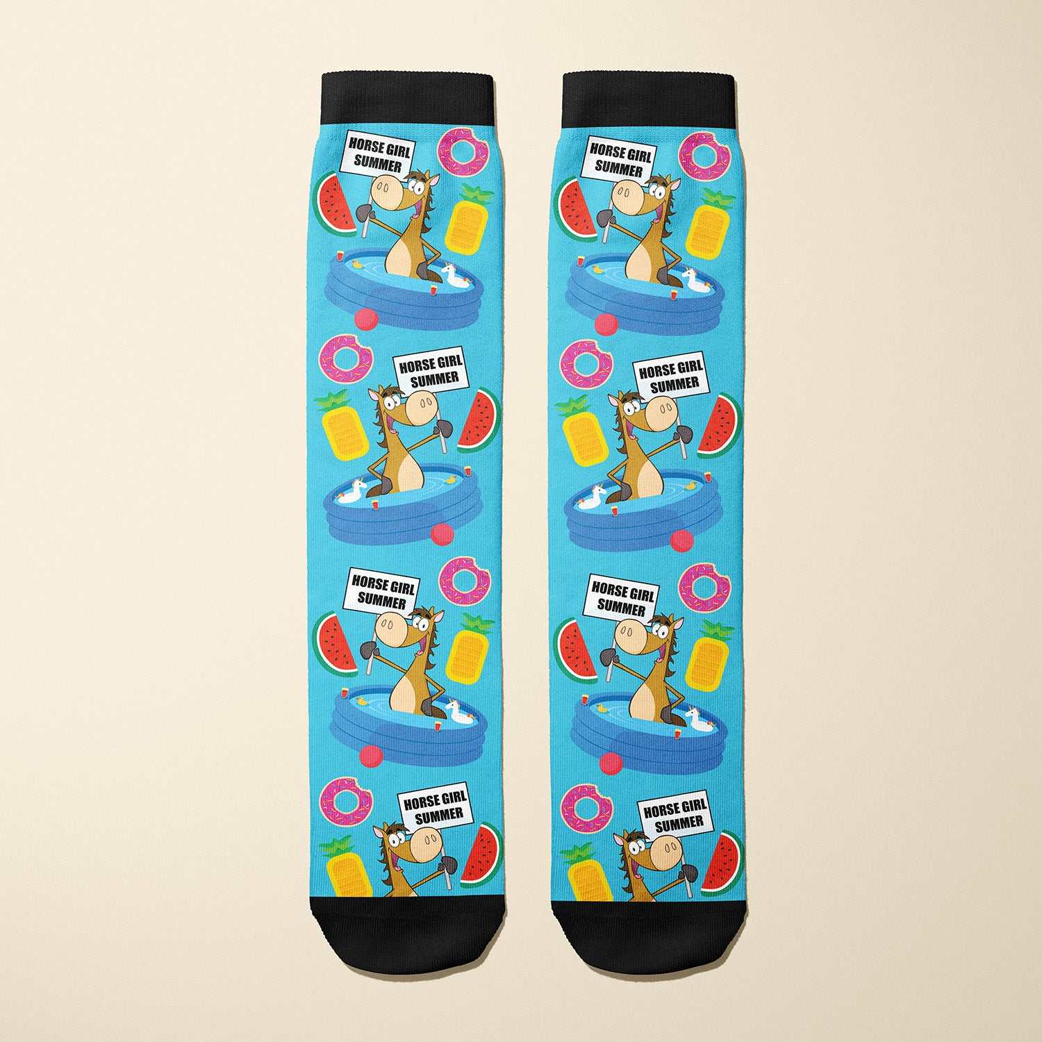 Limited edition Horse Girl Summer 2022 boot socks with inflatable pool design and soft stretchy fabric