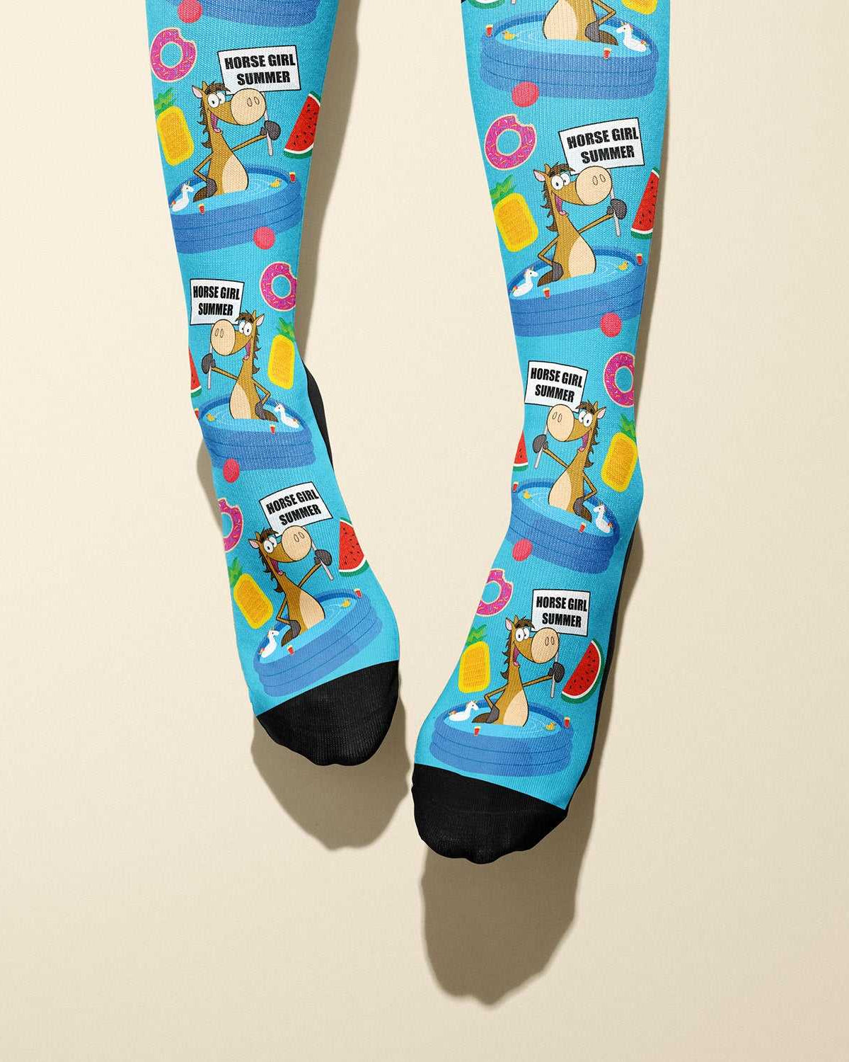 Limited edition Horse Girl Summer 2022 boot socks with inflatable pool design and summer vibes