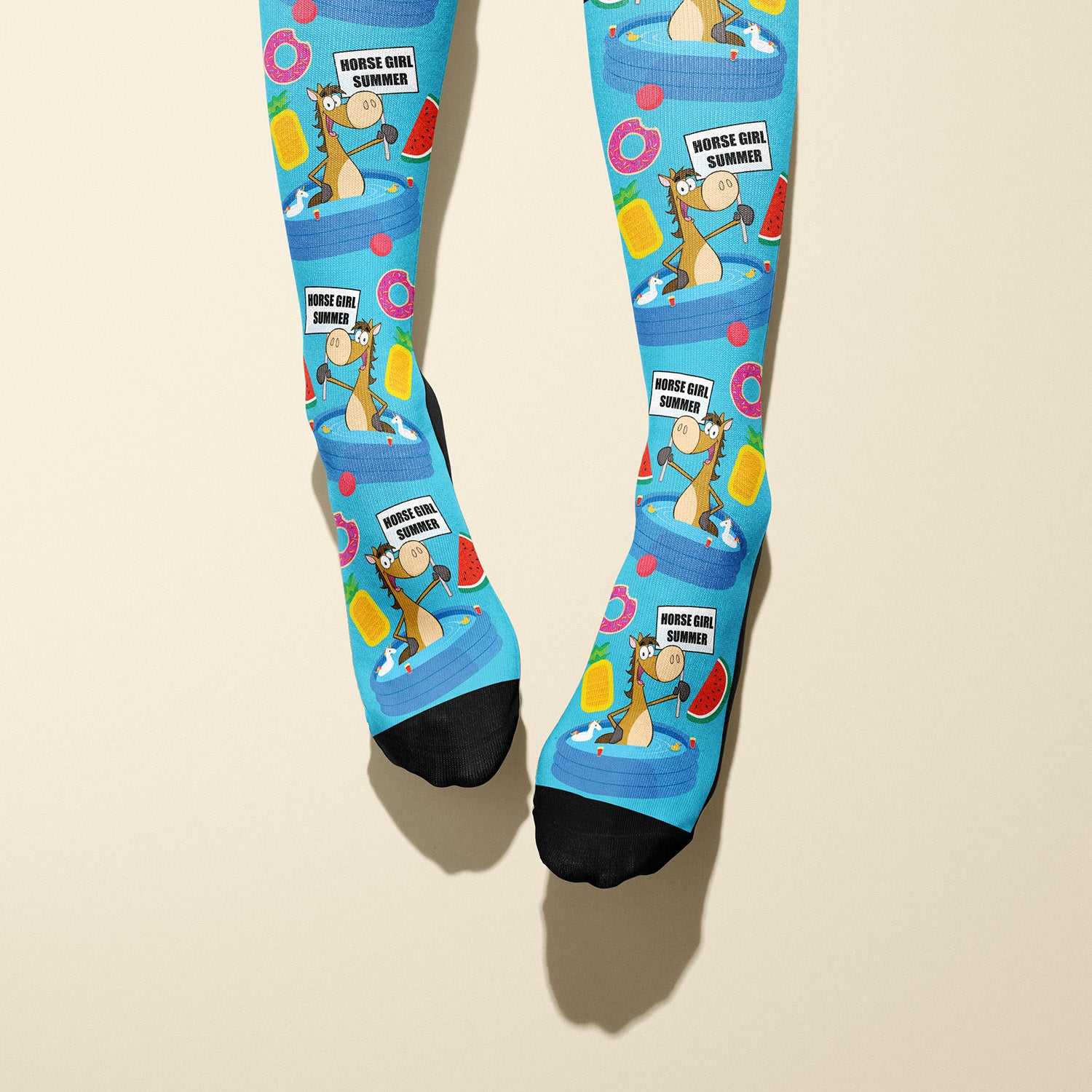 Limited edition Horse Girl Summer 2022 boot socks with inflatable pool design and summer vibes
