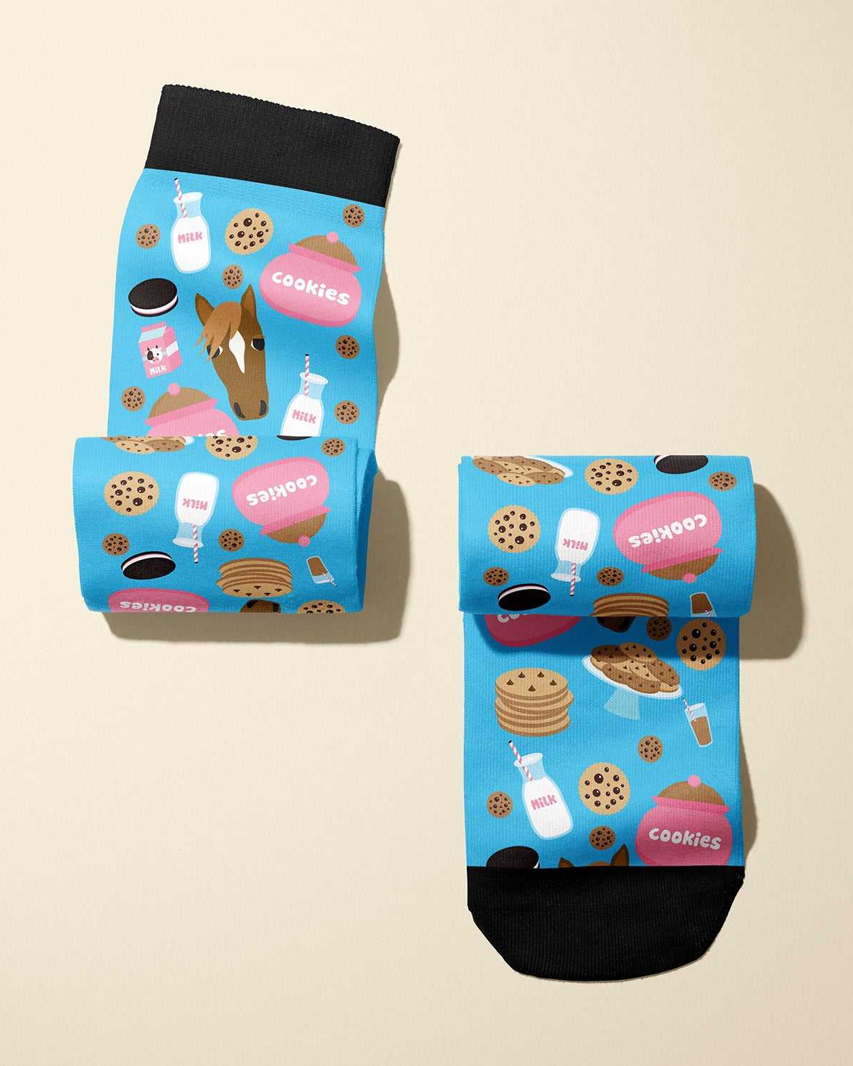 Limited edition Milk & Cookies 2022 boot socks with cozy snack pattern, soft stretchy fabric, made in USA