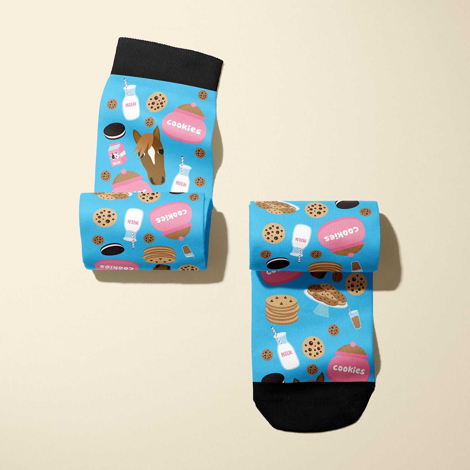 Limited edition Milk & Cookies 2022 boot socks with cozy snack pattern, soft stretchy fabric, made in USA