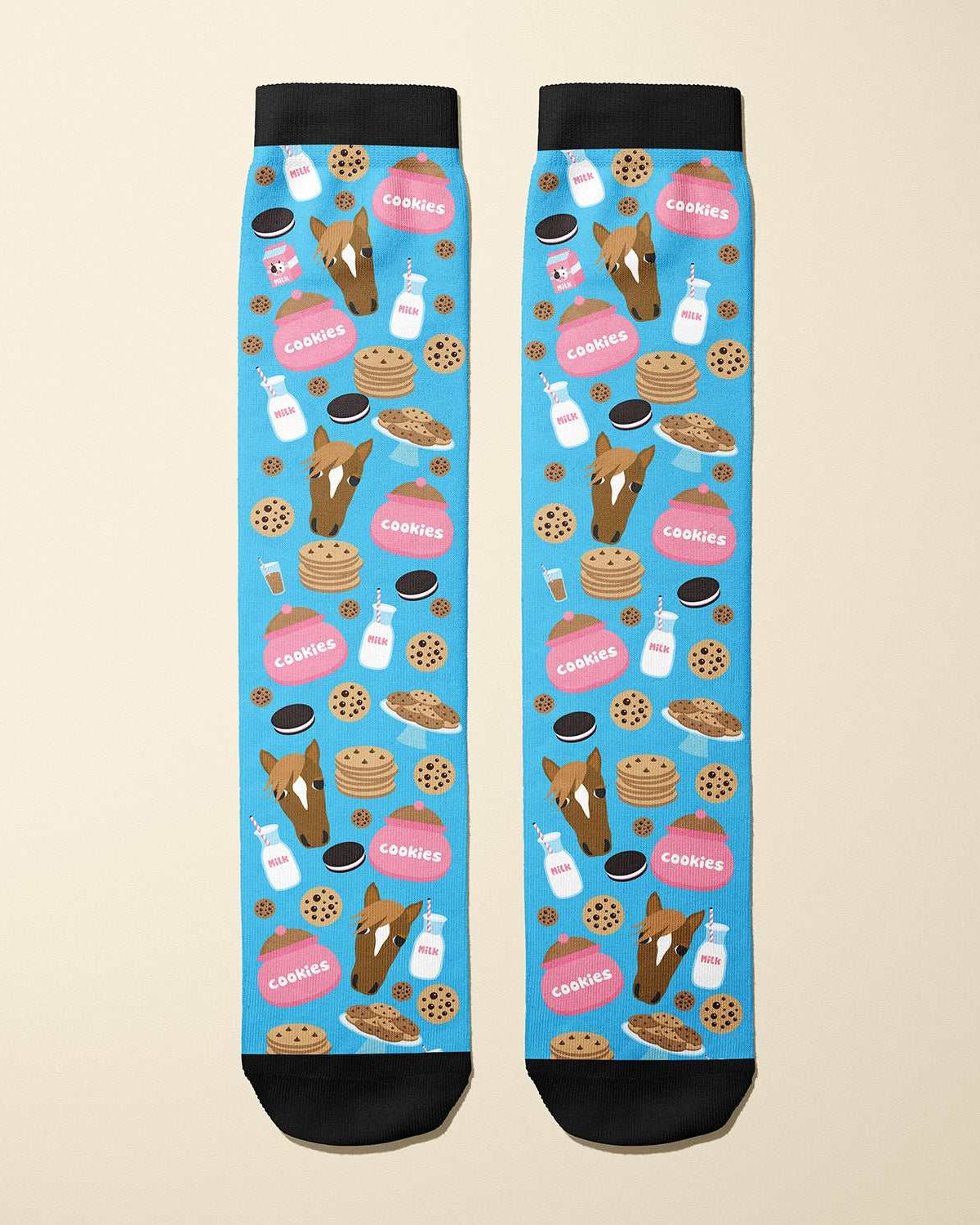 Limited edition milk and cookies patterned boot socks for equestrians, made in the USA