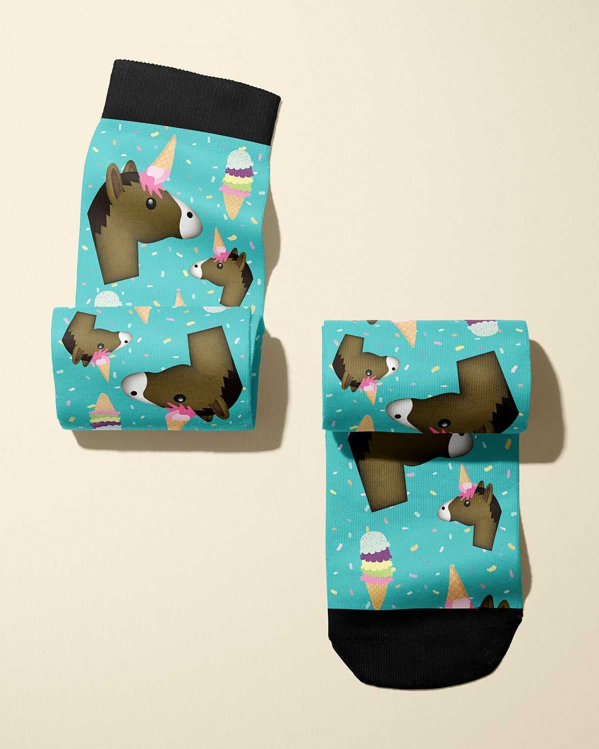 Limited edition unicorn boot socks with ice cream cone horn, soft and stretchy, made in USA