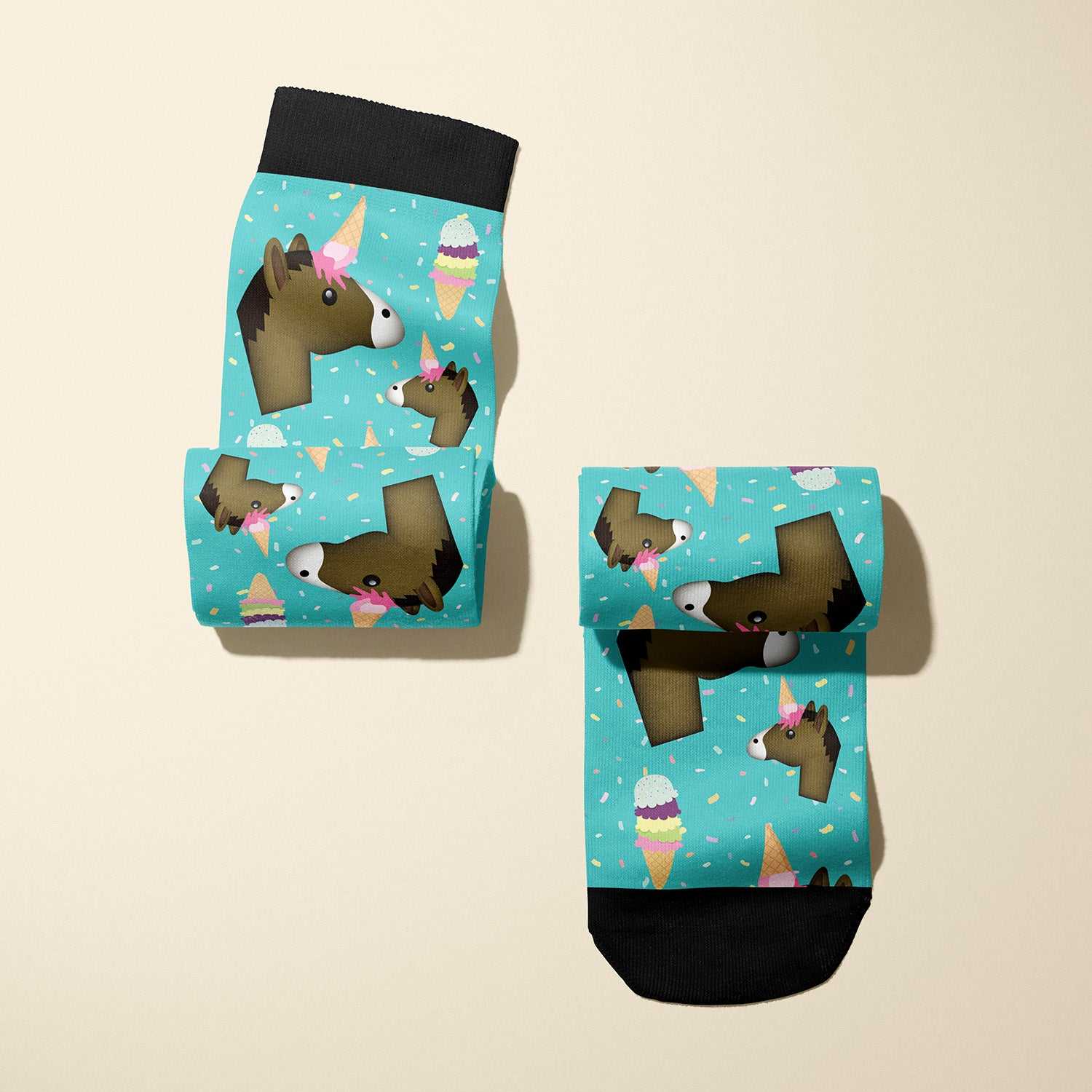 Limited edition unicorn boot socks with ice cream cone horn, soft and stretchy, made in USA