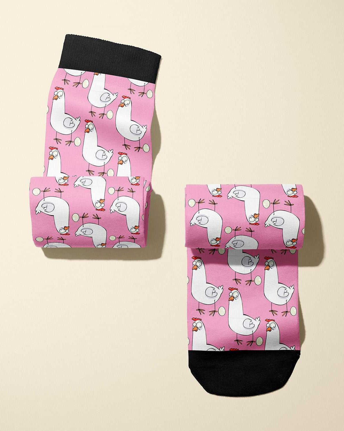 Limited edition Fowl Play 2023 boot socks with playful chicken design, soft stretchy material, and made in the USA for equestrians