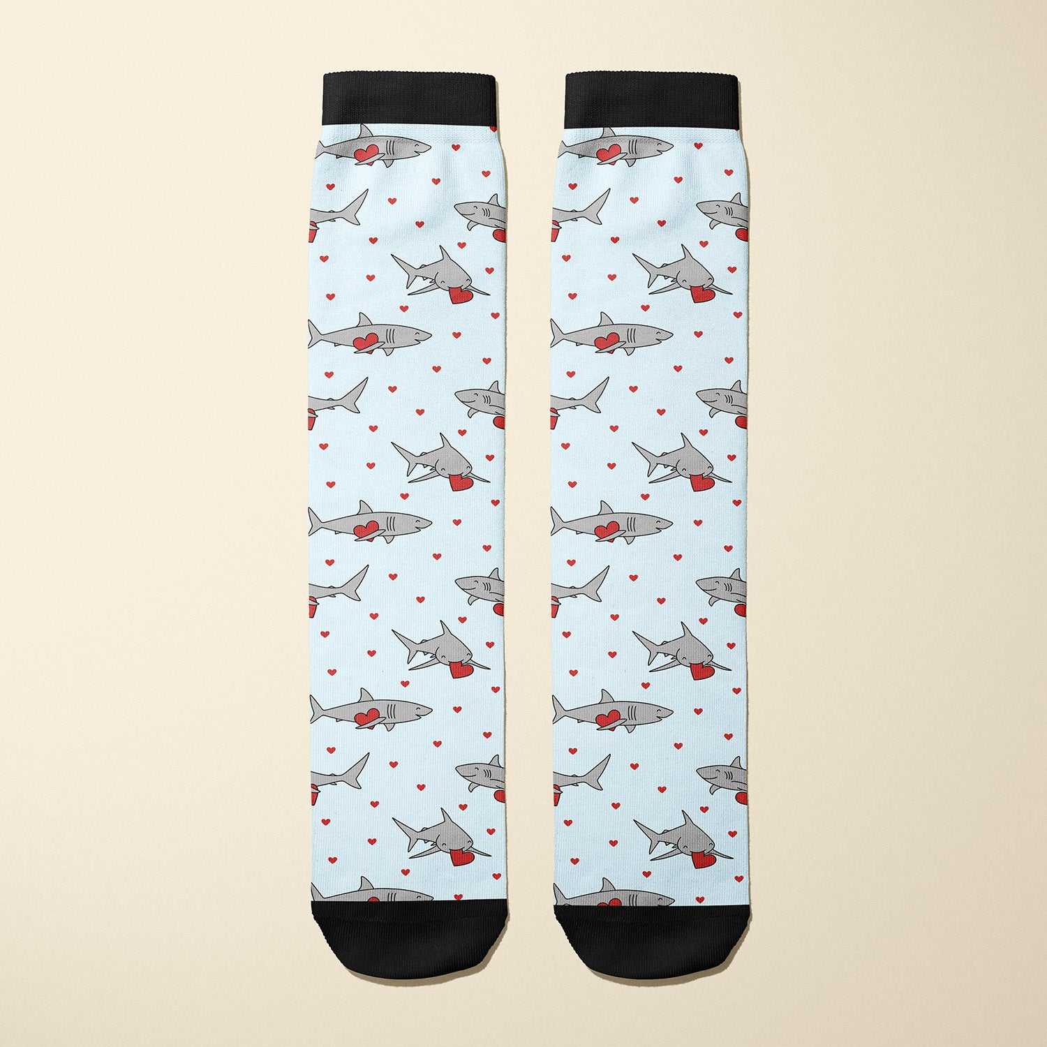 Limited edition Love Bite boot socks with cute shark and heart motifs, soft stretchy material, made in the USA.