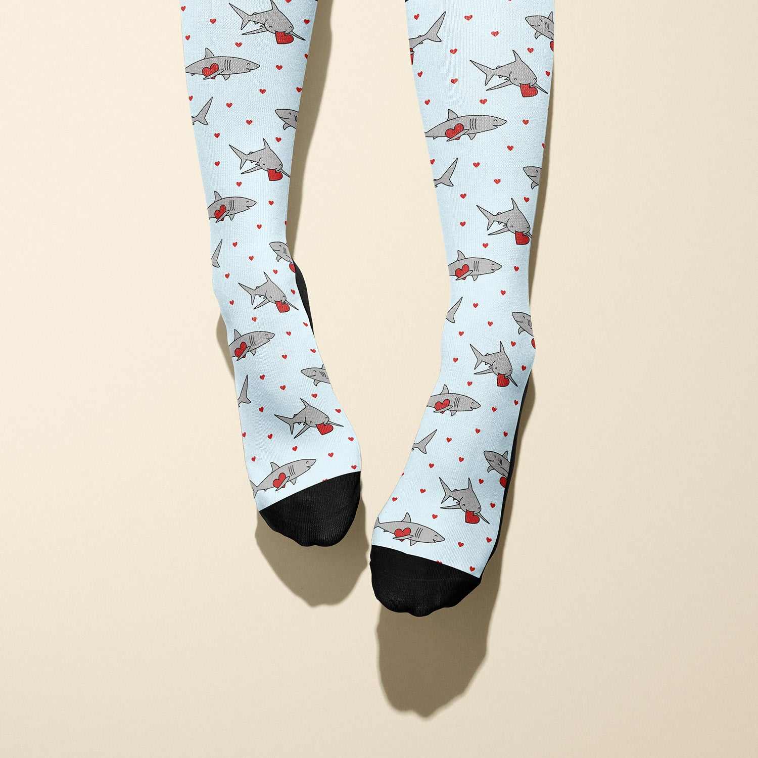 Limited edition Love Bite 2024 boot socks with shark and heart design, soft and stretchy, made in USA