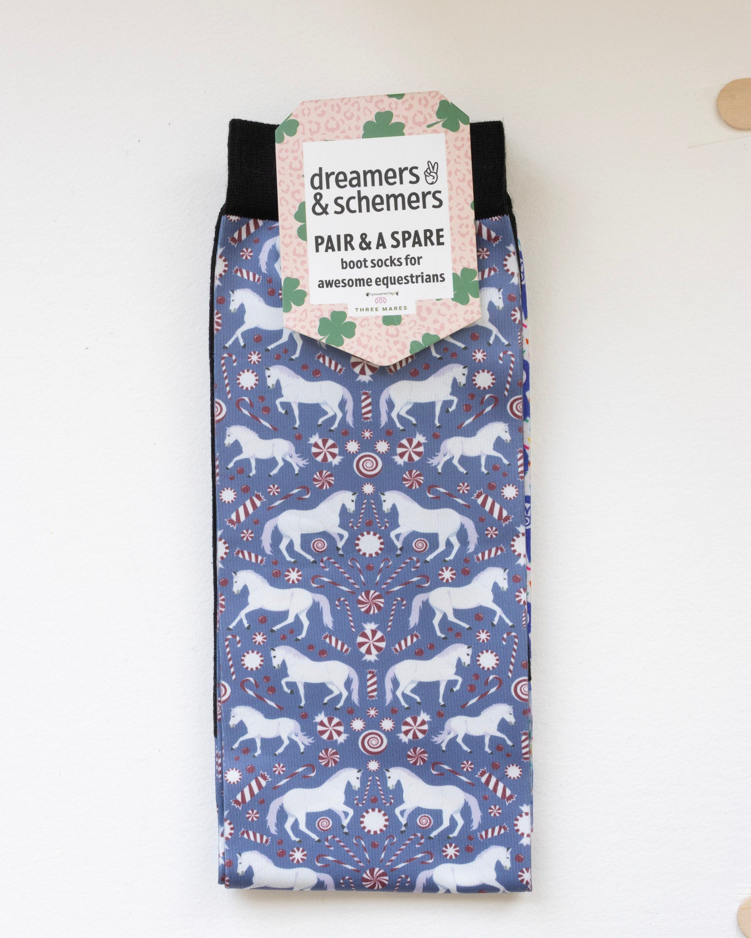 The Pony Island Peppermint Ponies Pair & a Spare equestrian boot socks in their header card, by Dreamers & Schemers