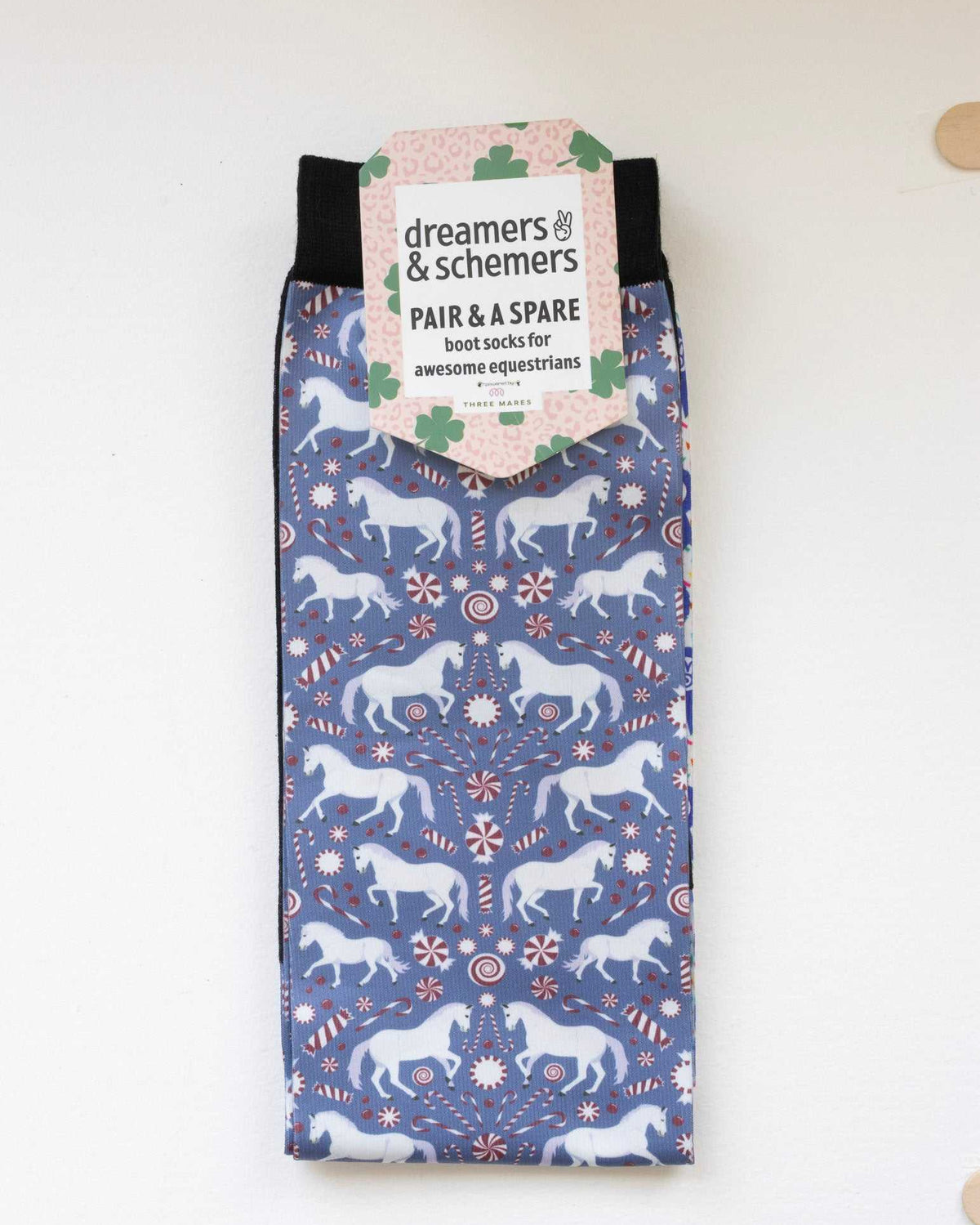 The Pony Island Peppermint Ponies Pair & a Spare equestrian boot socks in their header card, by Dreamers & Schemers