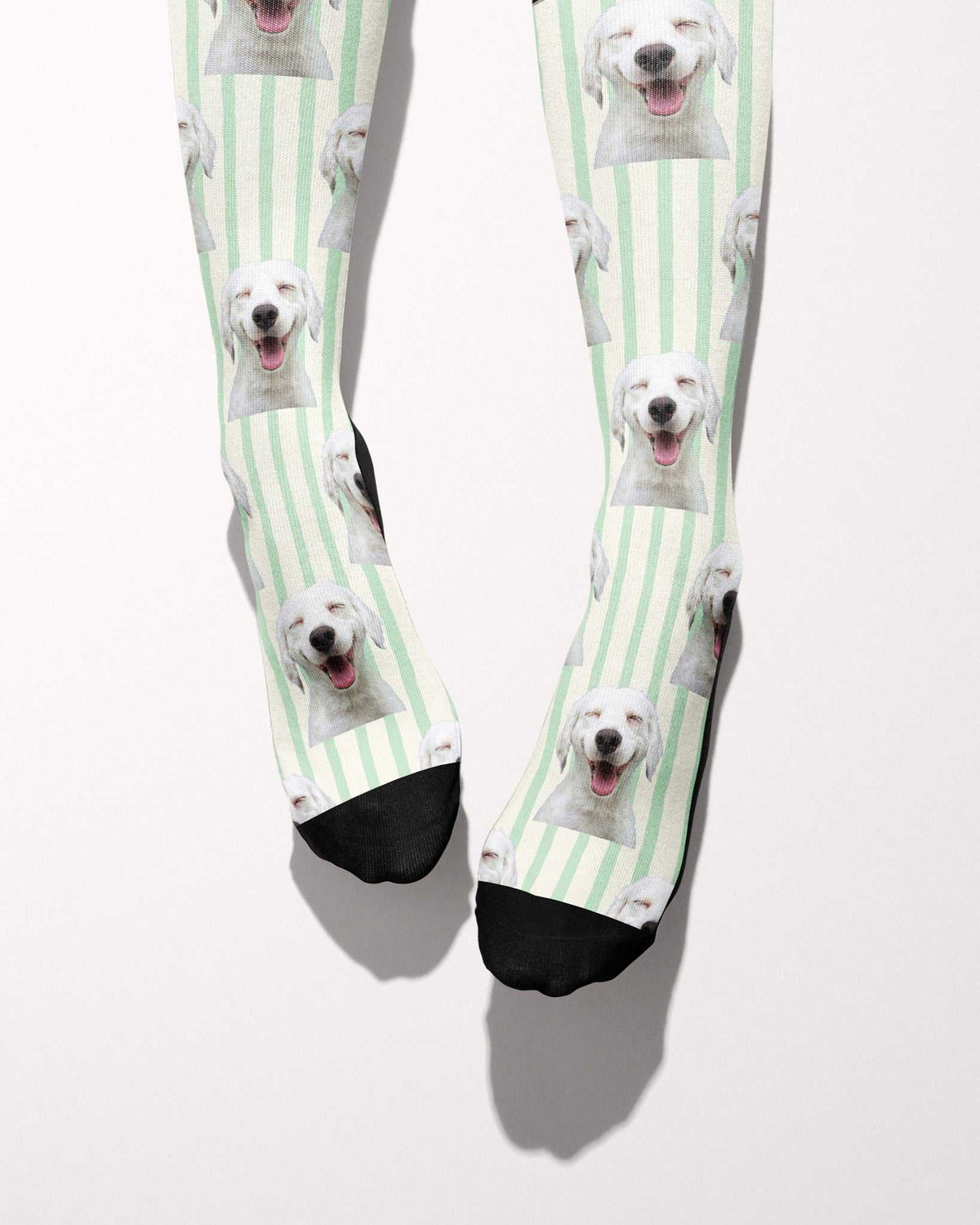 Stripes custom photo equestrian boot socks, worn, showing the full-length pattern, by Dreamers & Schemers