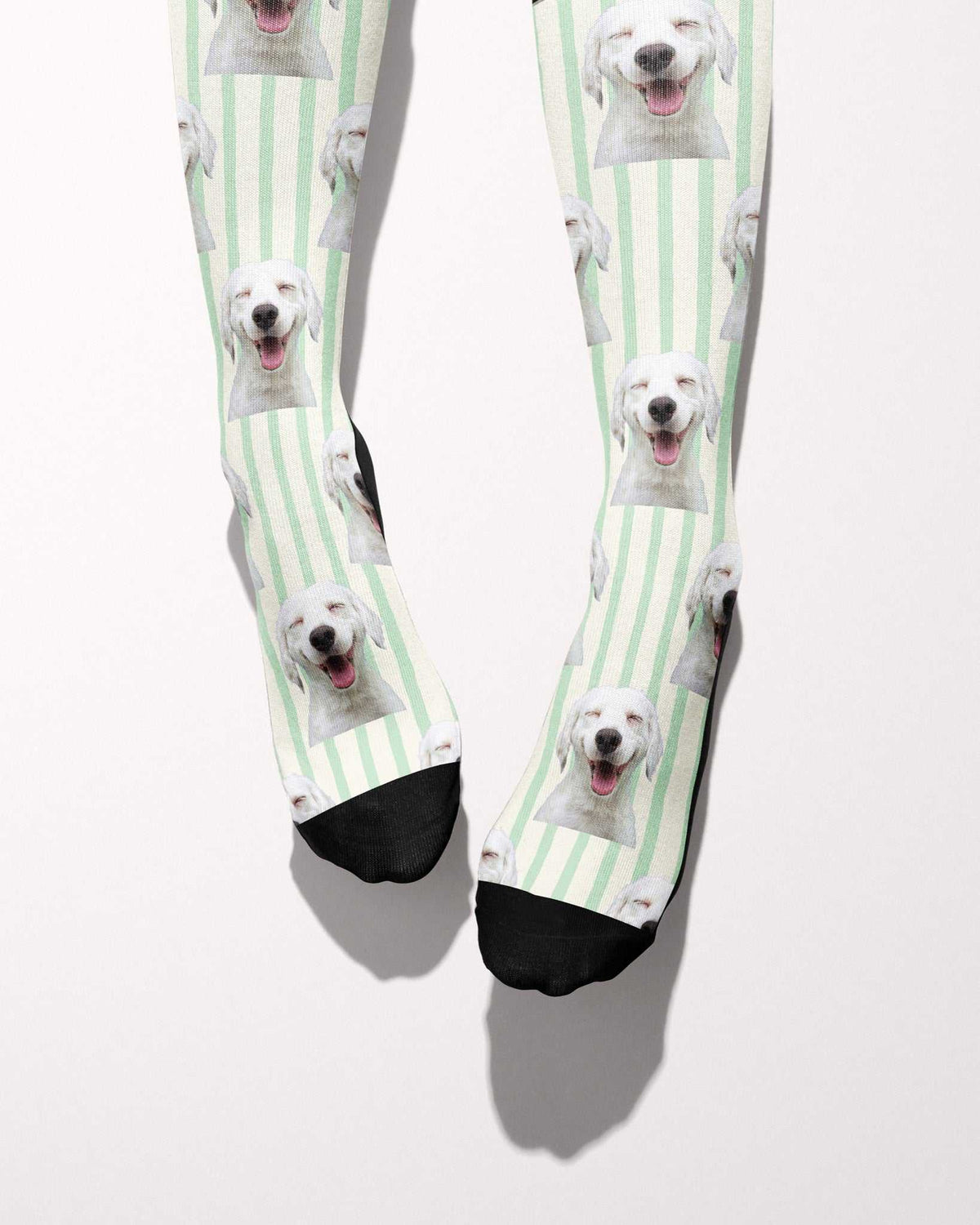 Stripes custom photo equestrian boot socks, worn, showing the full-length pattern, by Dreamers & Schemers