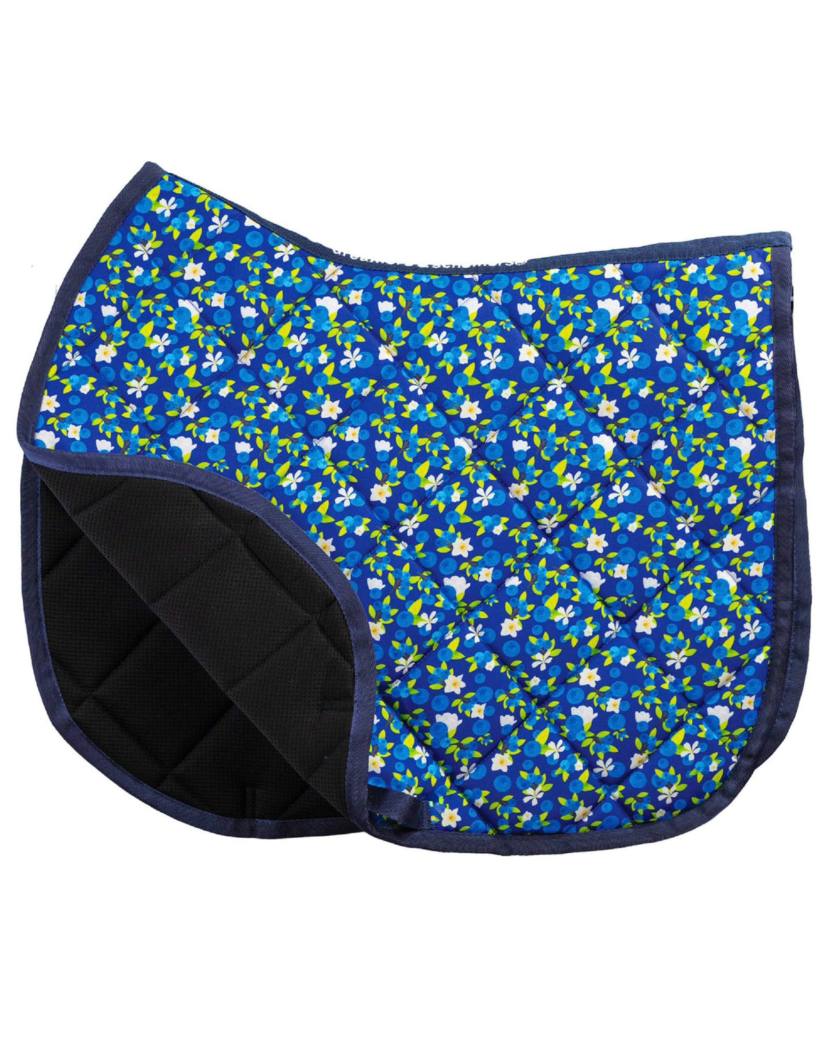 Blueberries all-purpose saddle pad featuring blueberry fruit print in Blue, close-up of the pattern and stitching, by Dreamers & Schemers
