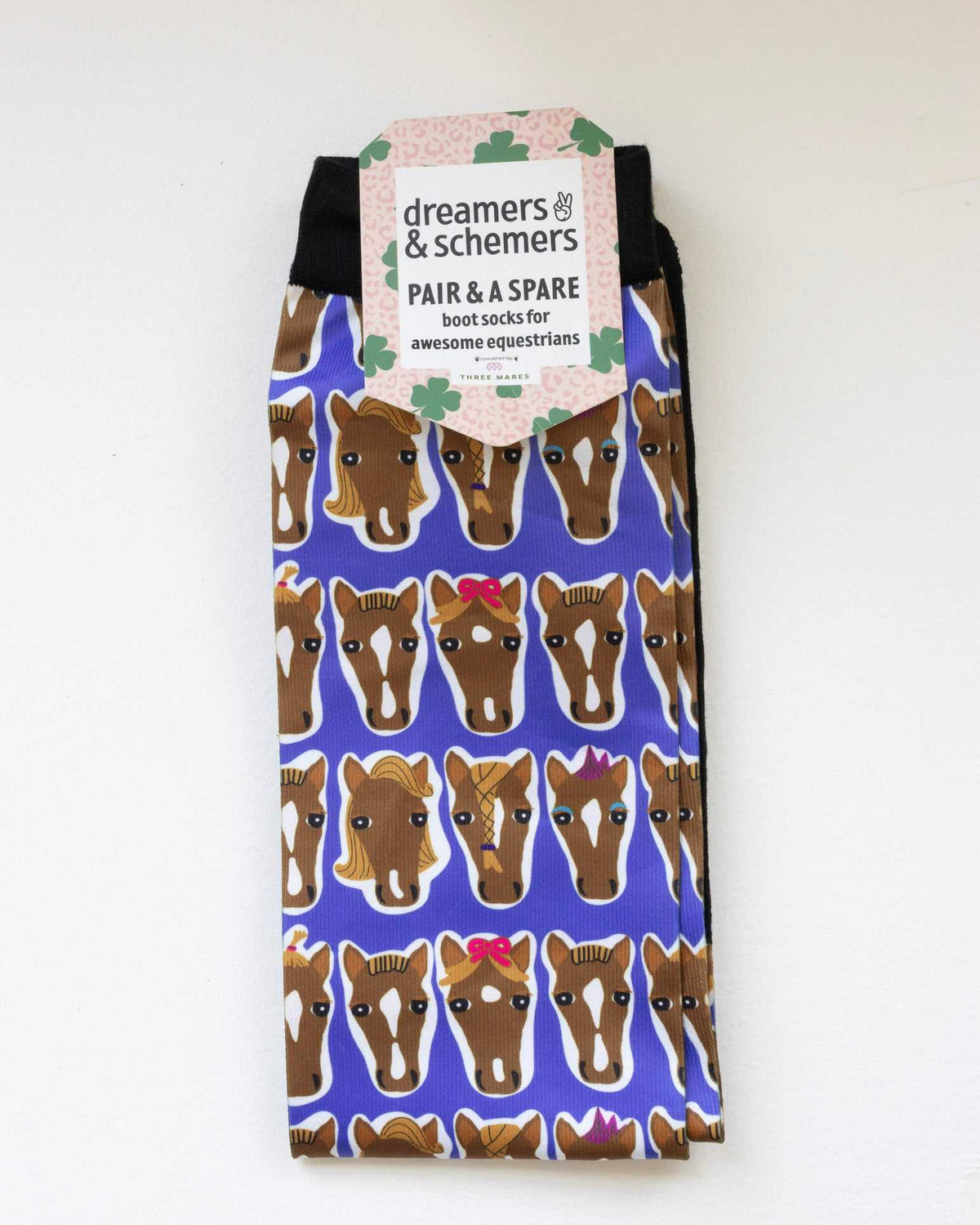 Hairy Styles Pair & a Spare equestrian boot socks in their header card, by Dreamers & Schemers