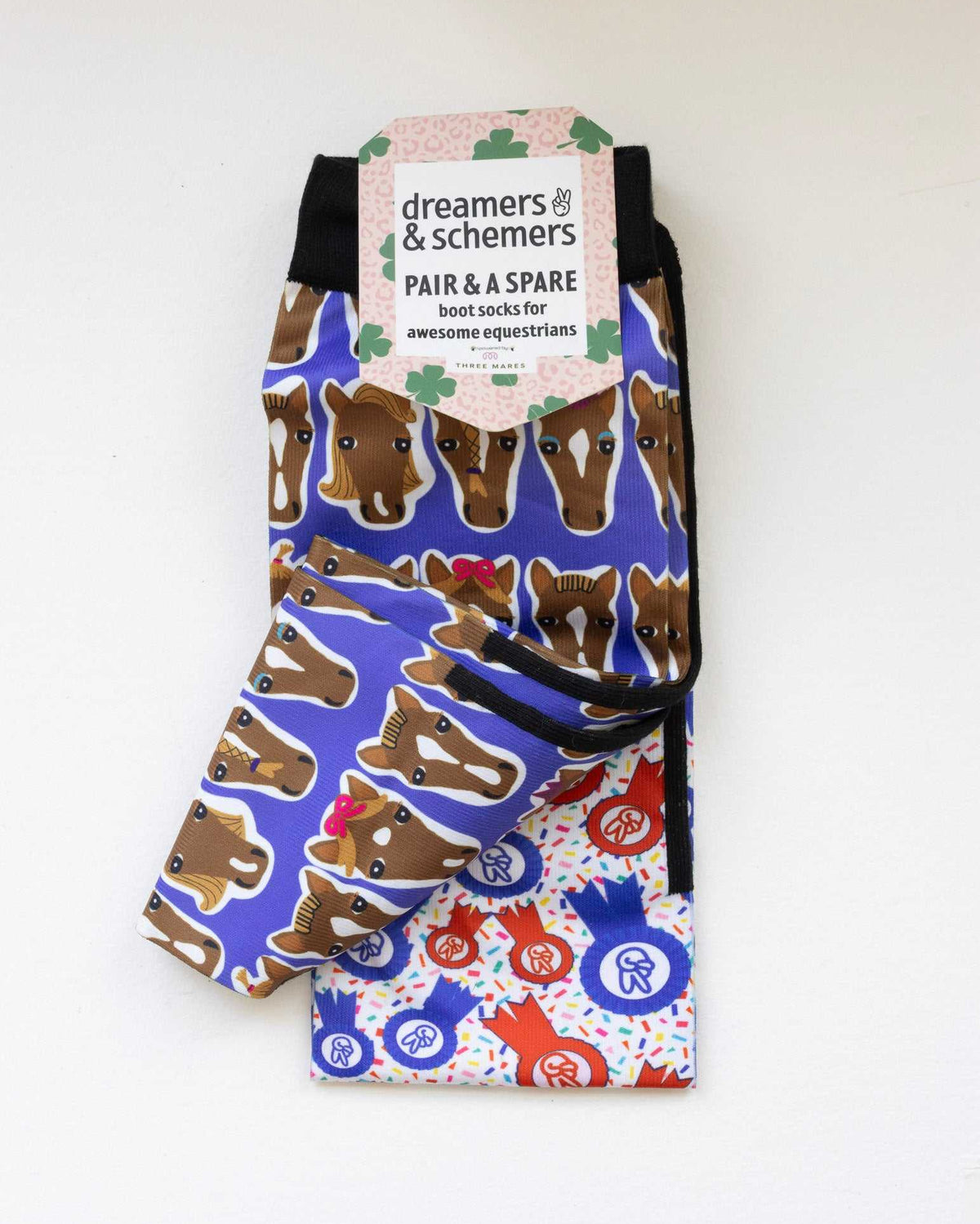 Hairy Styles boot socks shown folded with the included spare sock and printed cuff detail
