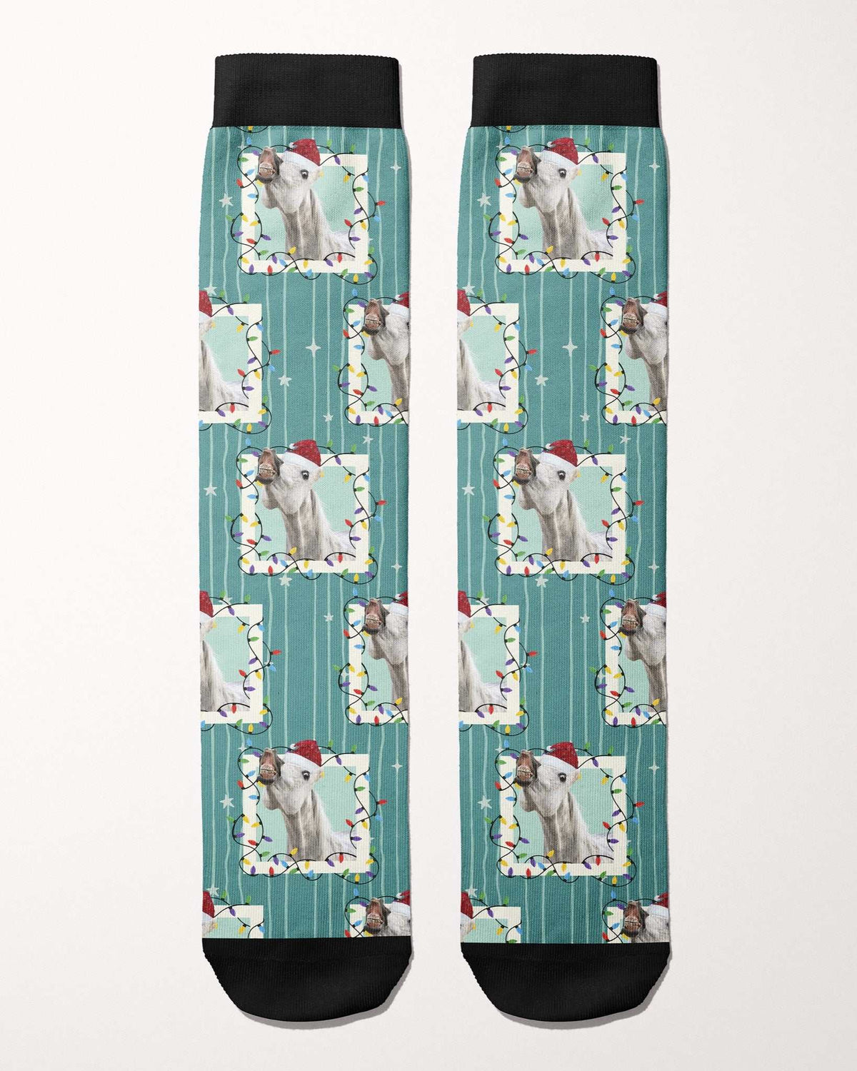Merry & Bright custom photo equestrian boot socks, flat lay of the pair, by Dreamers & Schemers