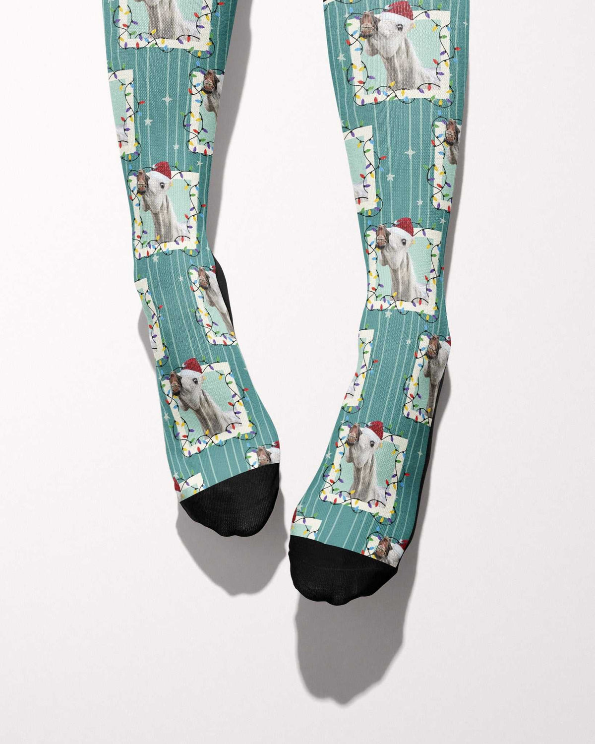Merry & Bright custom photo equestrian boot socks, worn, showing the full-length pattern, by Dreamers & Schemers