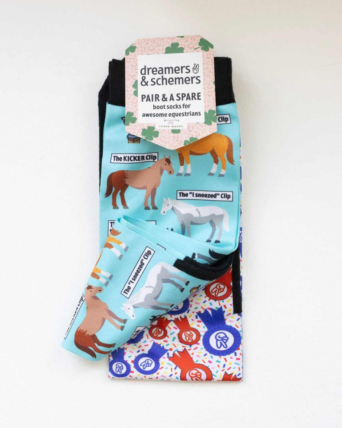Clipart boot socks shown folded with the included spare sock and printed cuff detail