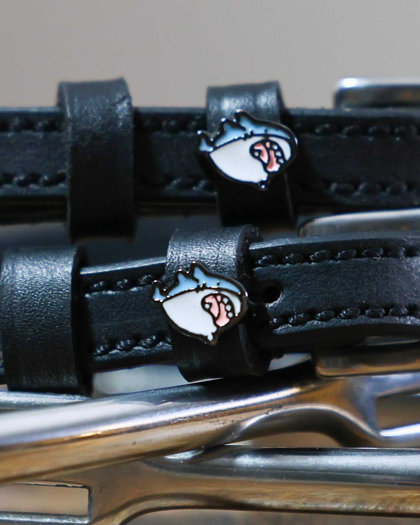 Black leather Wild Shark Spur Straps with stainless steel buckles and custom shark charm
