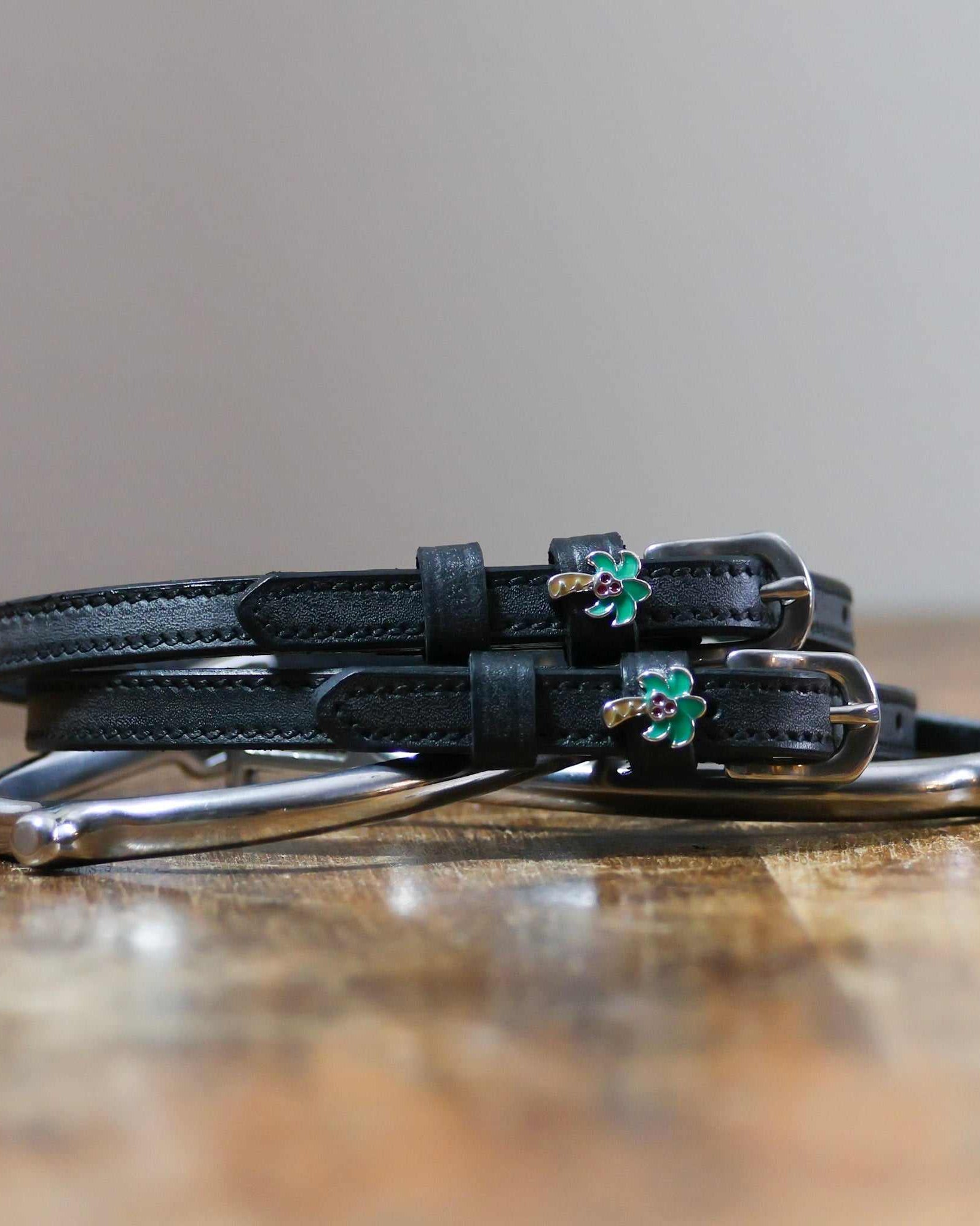 ManeJane Palm Tree Spur Straps Spur Straps — black leather, non-stretch, hero image for English riders.
