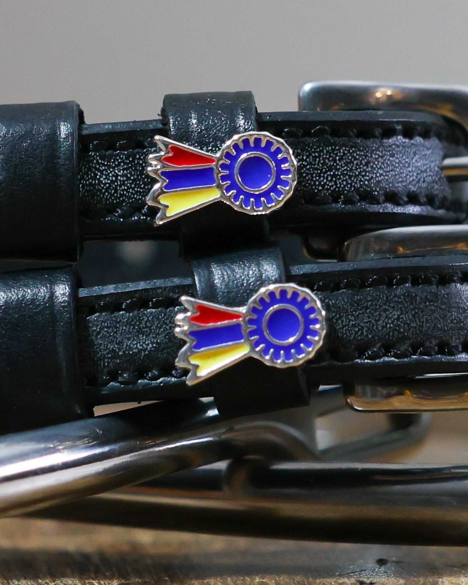 Black leather Tri-Color Ribbon Spur Strap with stainless steel buckle and custom colorful charm