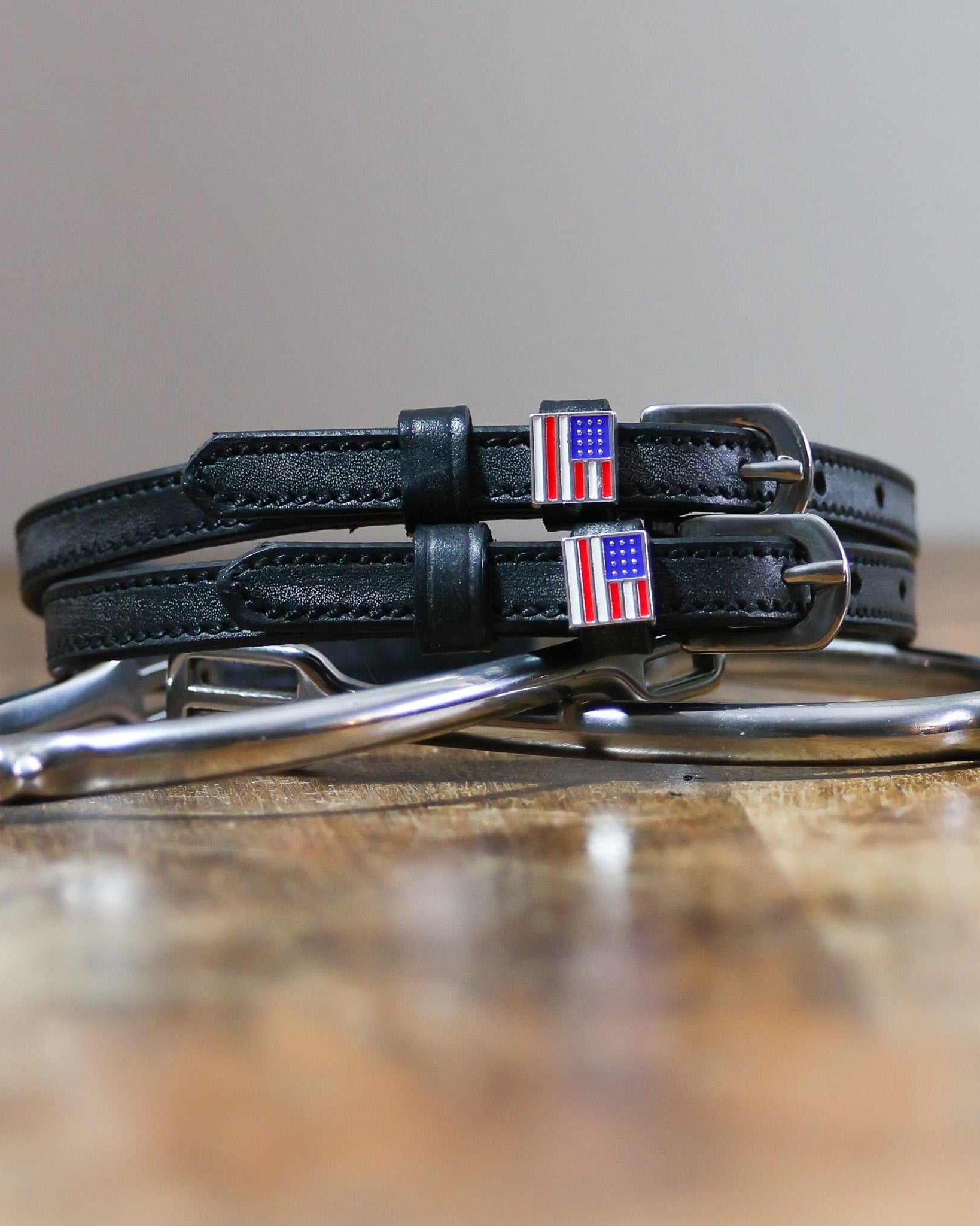 America Spur Straps black leather with American flag charm and stainless steel buckle