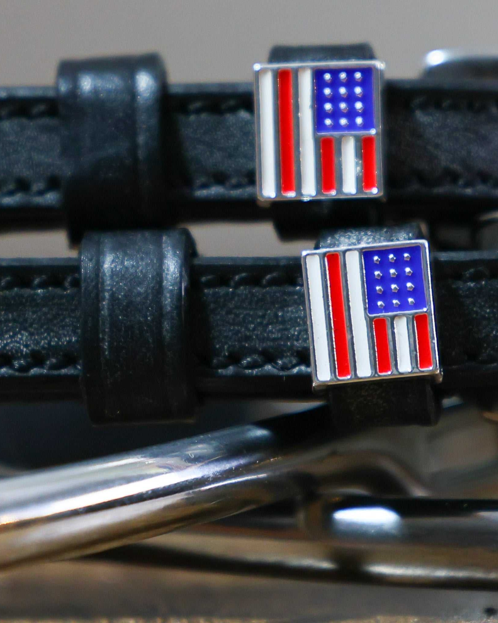 America Spur Straps black leather with American flag charm and stainless steel buckle