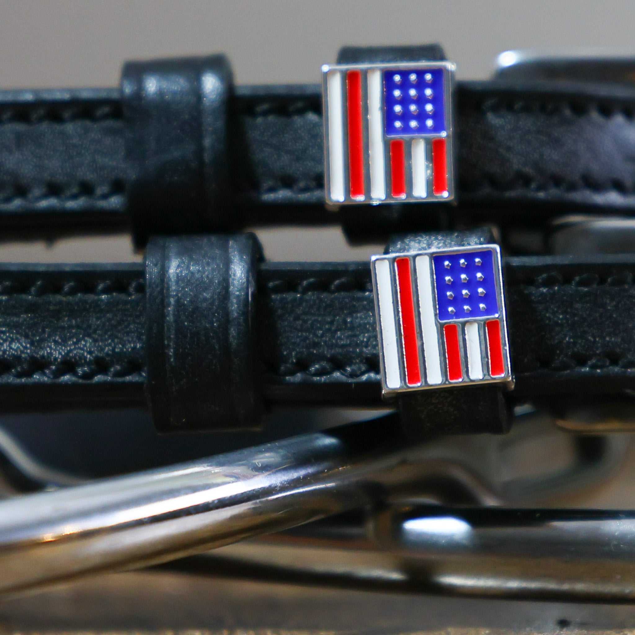 America Spur Straps black leather with American flag charm and stainless steel buckle