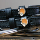 Black leather hedgehog spur straps with stainless steel buckles and custom charm