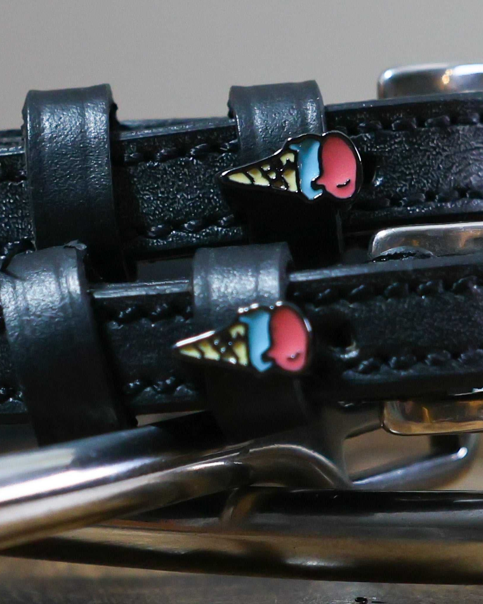 Black leather Ice Cream Cone Spur Straps with stainless steel buckle and custom ice cream cone charm