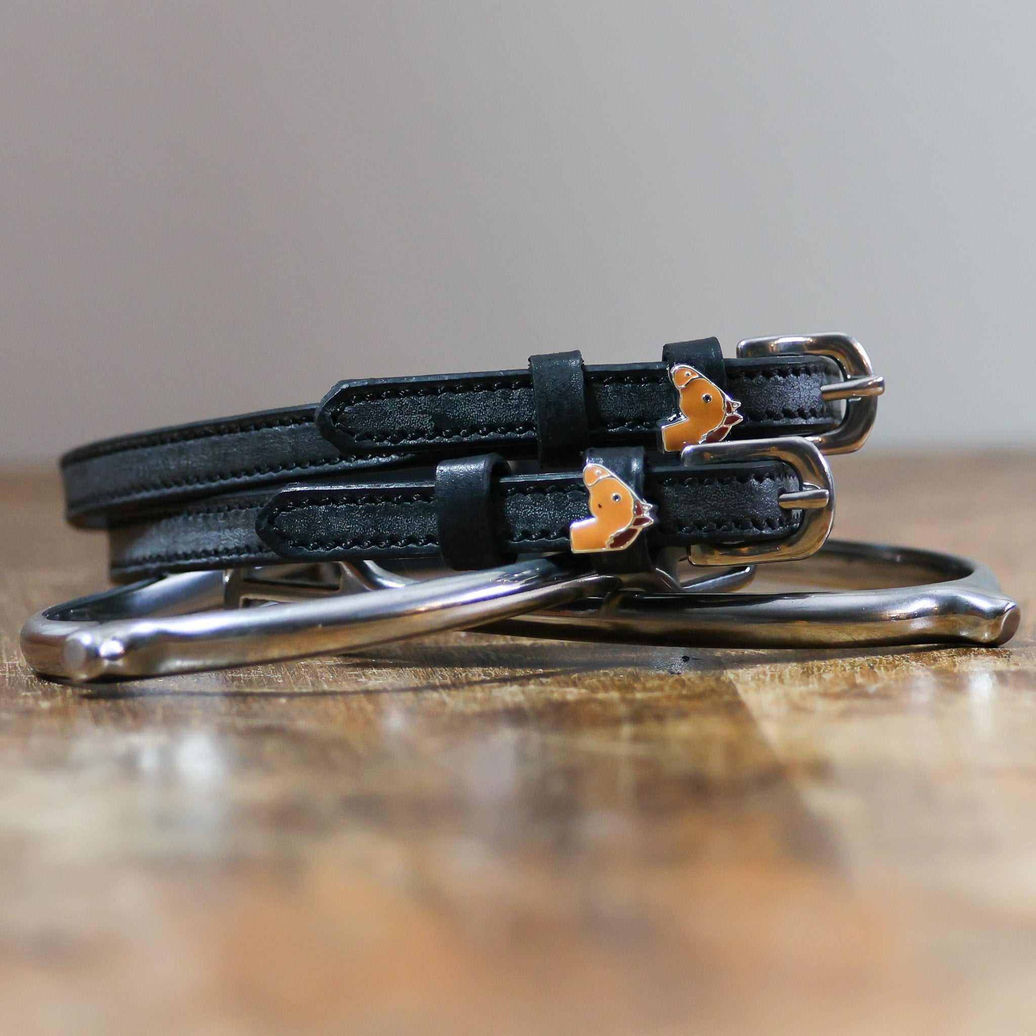 Chestnut Horse Spur Straps black leather with stainless steel buckles and custom charm